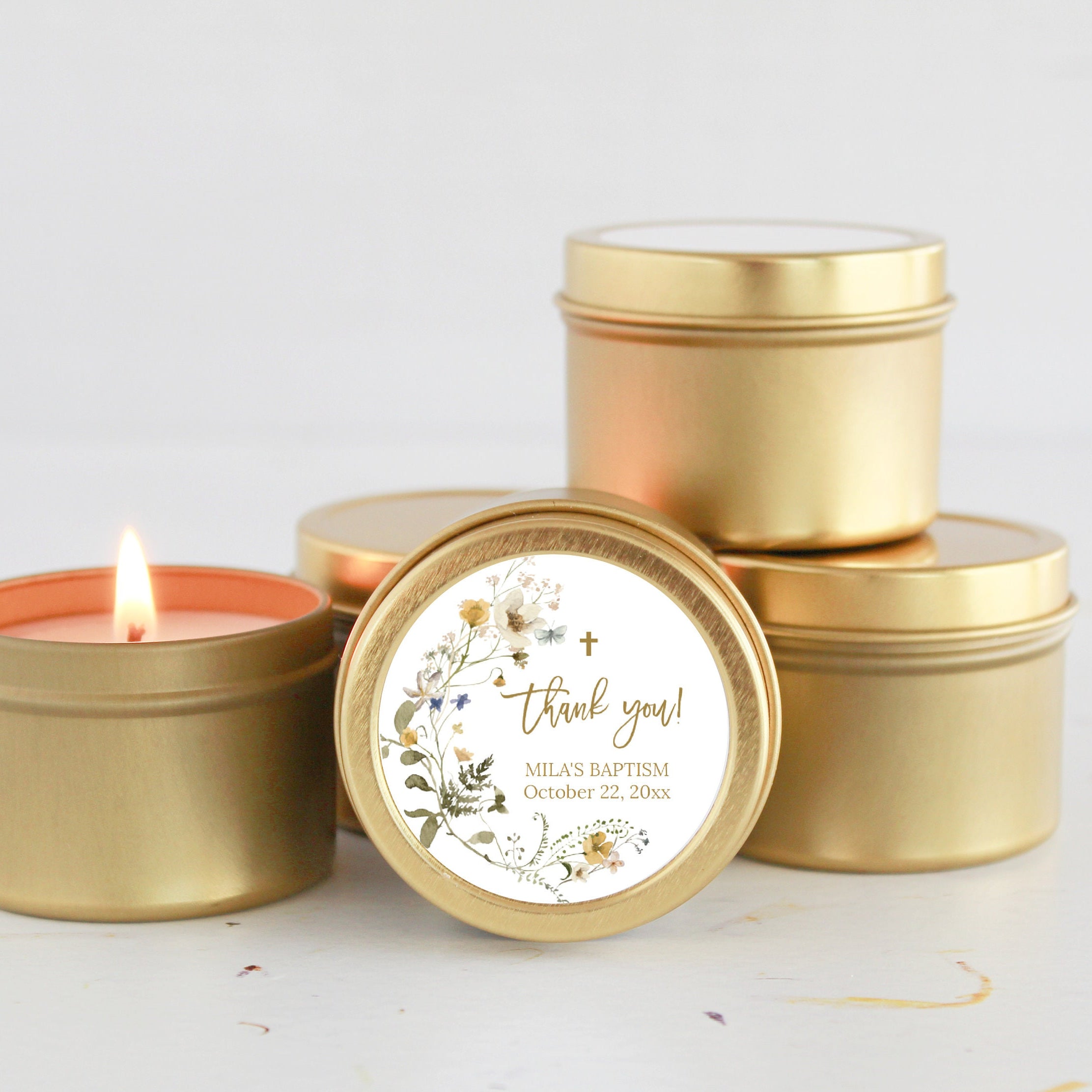 Wildflower Baptism Favors / For Guests Bulk / Set of 10 Candle Favors / Christening for Girls / Gold Tins / Soy Candle / Communion Favors