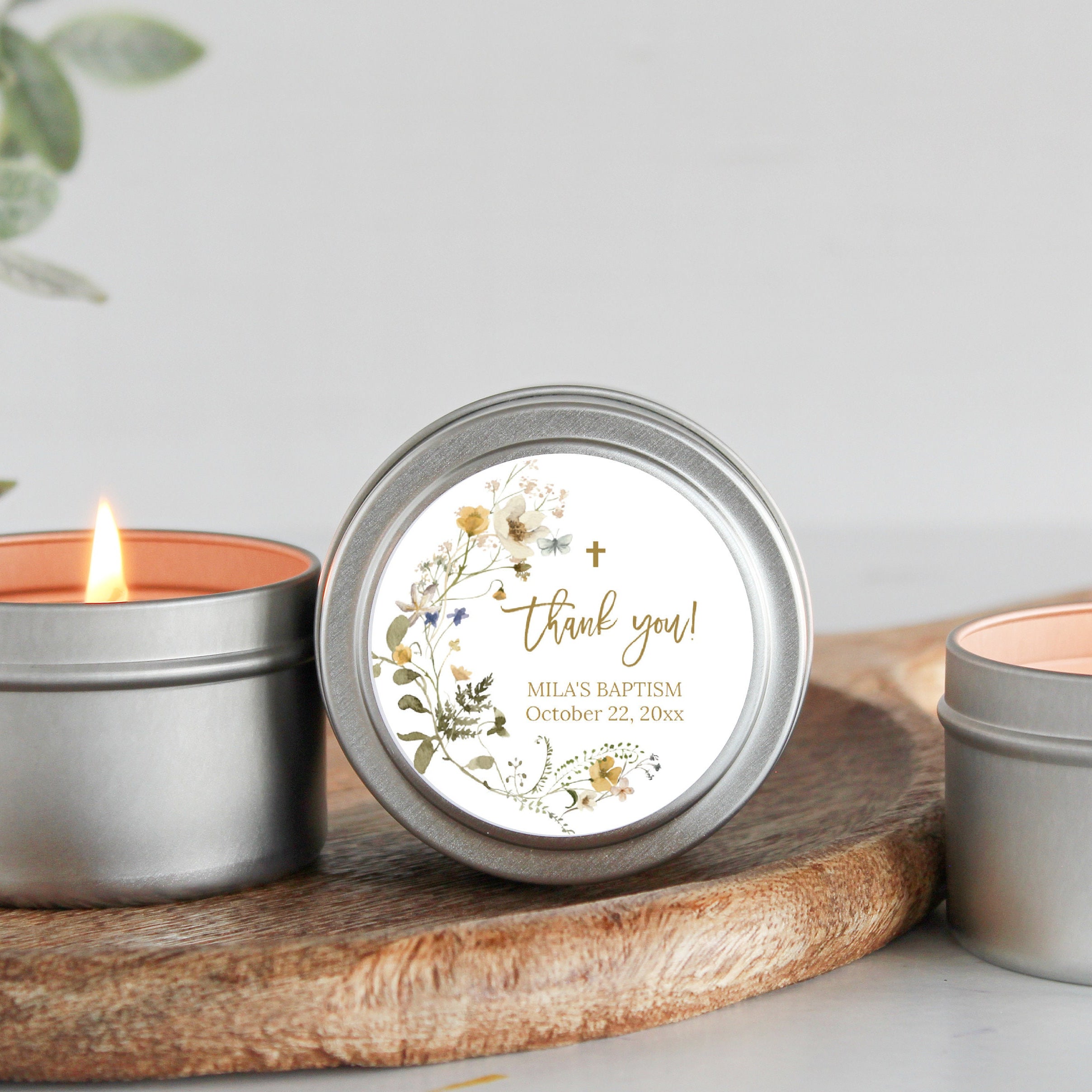 Wildflower Baptism Favors / For Guests Bulk / Set of 10 Candle Favors / Christening for Girls / Gold Tins / Soy Candle / Communion Favors