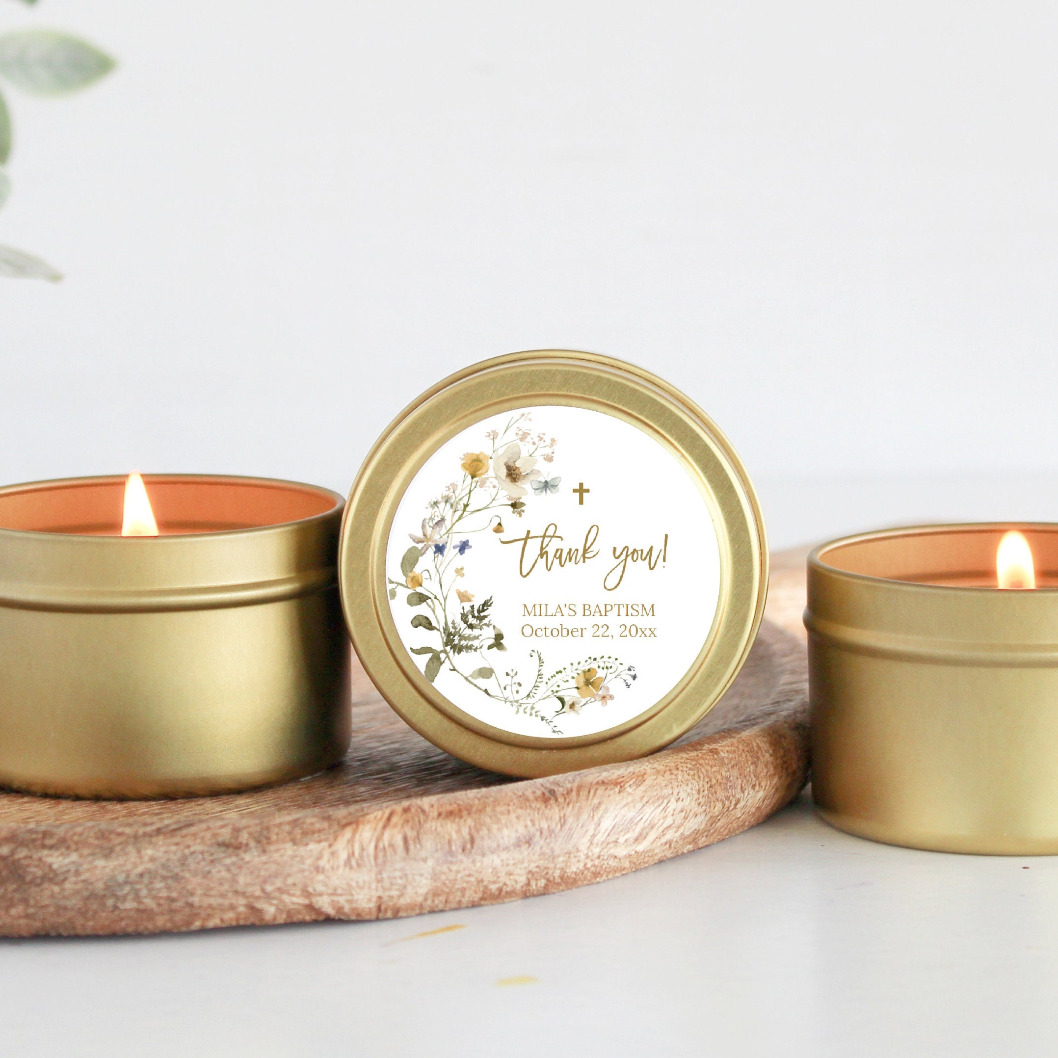 Wildflower Baptism Favors / For Guests Bulk / Set of 10 Candle Favors / Christening for Girls / Gold Tins / Soy Candle / Communion Favors