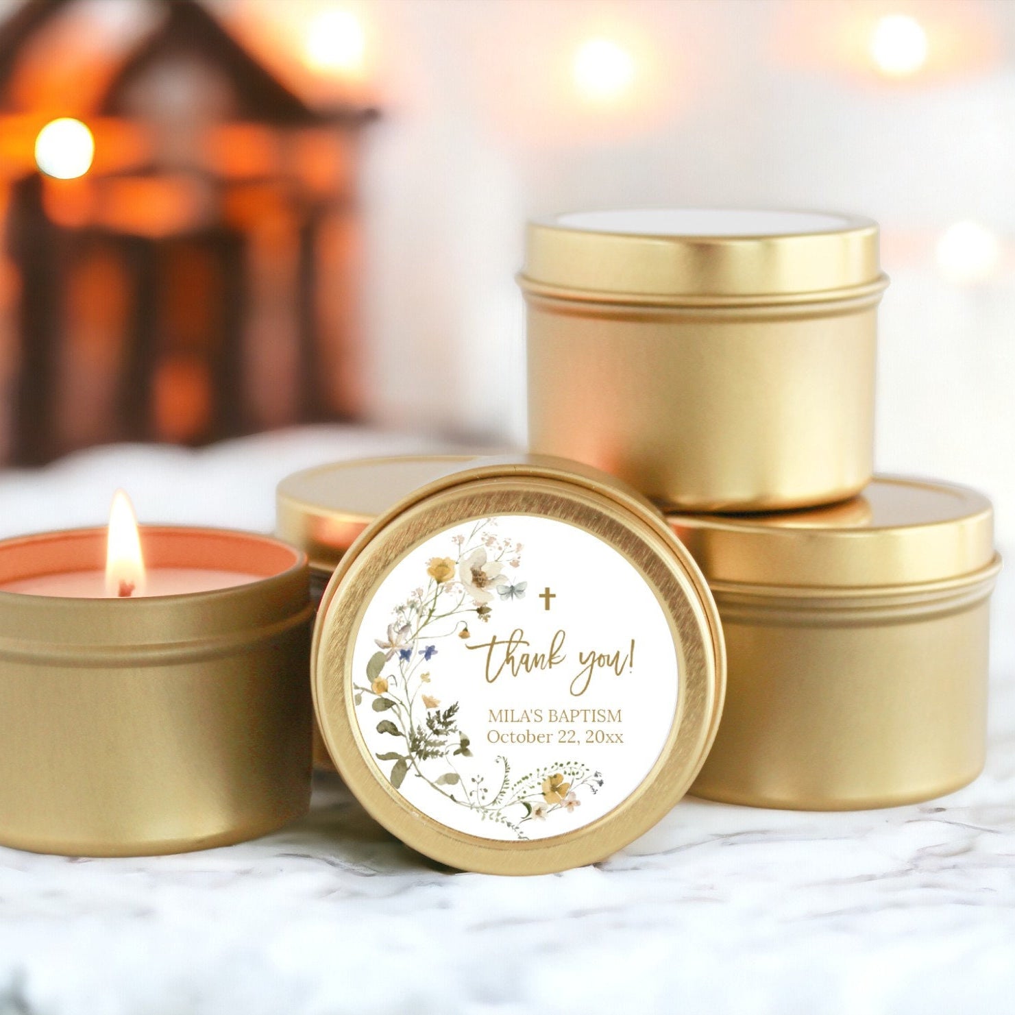 Wildflower Baptism Favors / For Guests Bulk / Set of 10 Candle Favors / Christening for Girls / Gold Tins / Soy Candle / Communion Favors