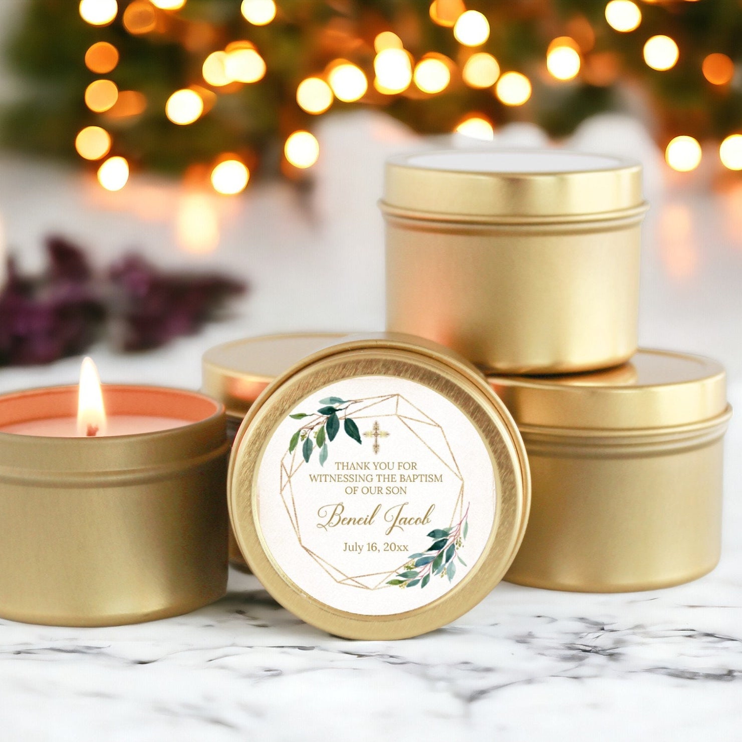 Baptism Candle Favors for Guests in Bulk / Set of 10 / Boy Baptism / Girl Baptism / Communion Favor / Christening Favor / Greenery & Gold