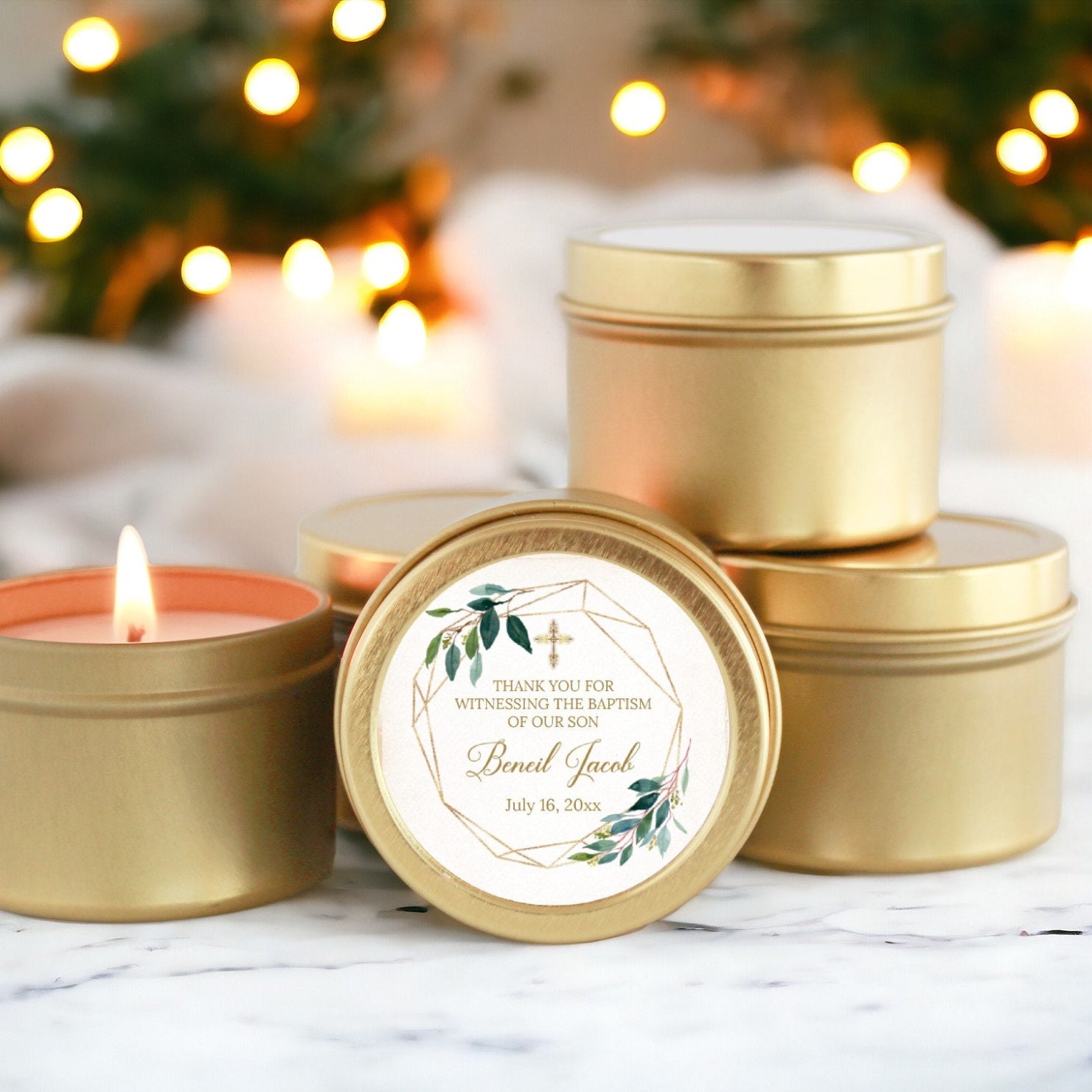 Baptism Candle Favors for Guests in Bulk / Set of 10 / Boy Baptism / Girl Baptism / Communion Favor / Christening Favor / Greenery & Gold