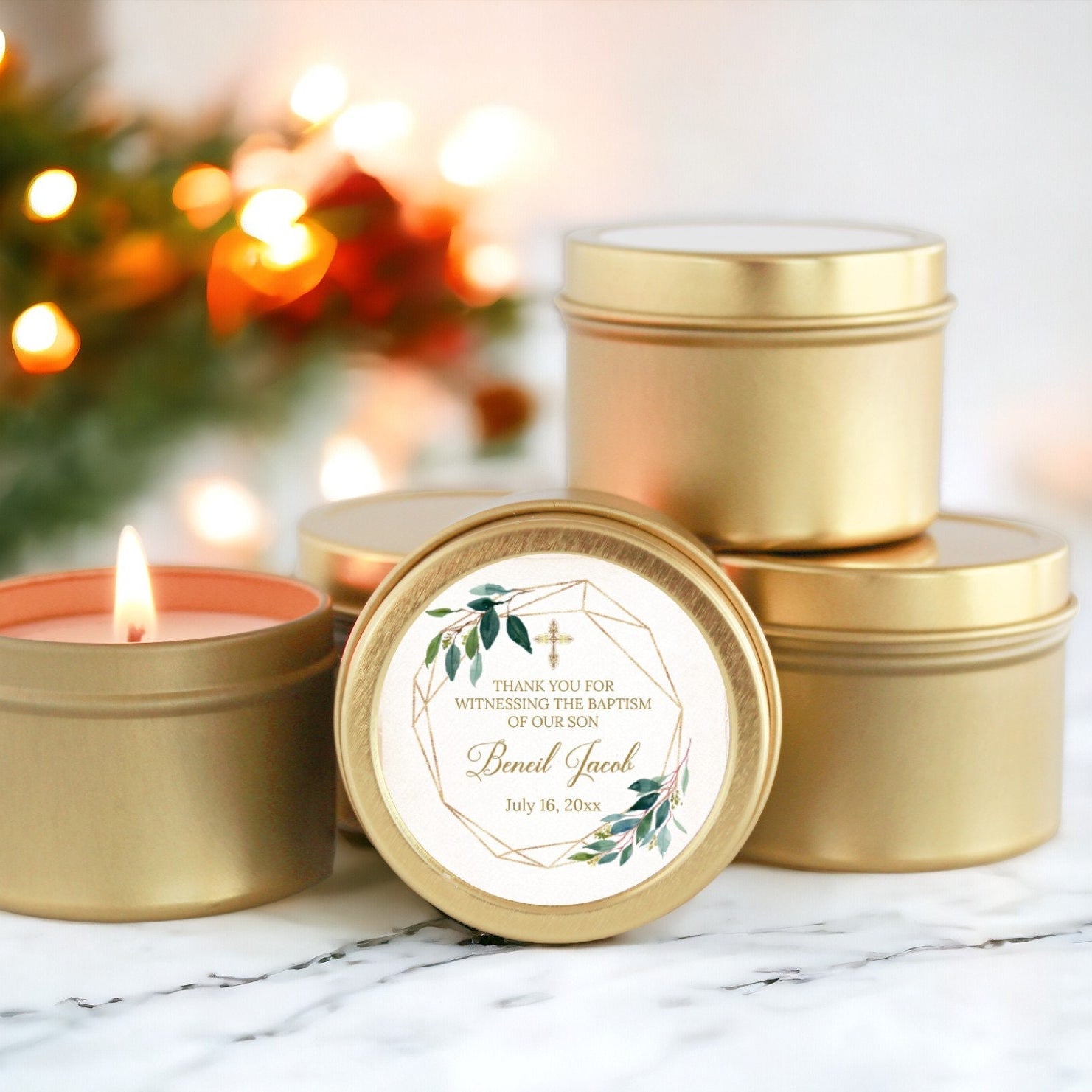 Baptism Candle Favors for Guests in Bulk / Set of 10 / Boy Baptism / Girl Baptism / Communion Favor / Christening Favor / Greenery & Gold