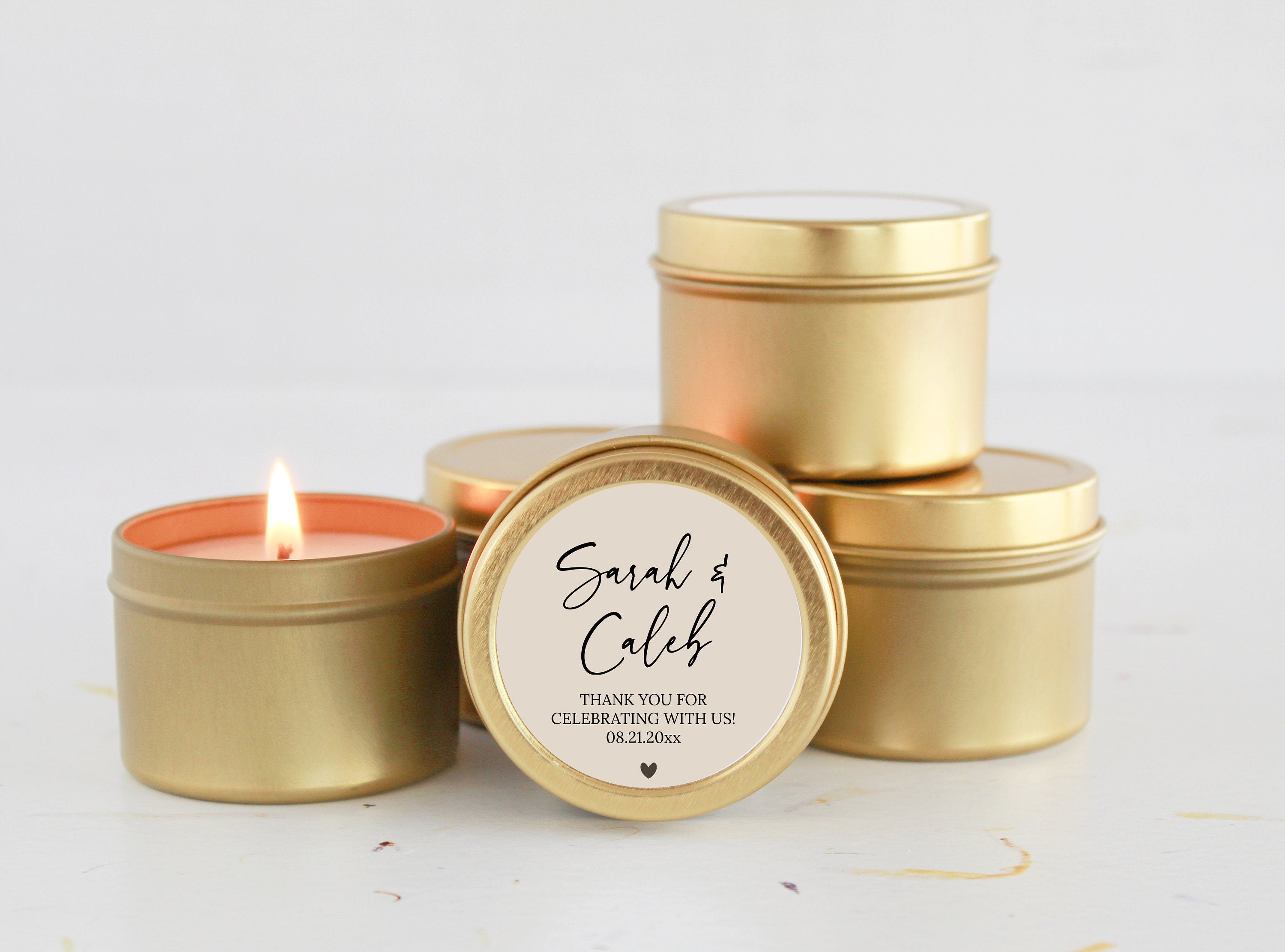 Personalized Name Wedding Favors / Set of 10 BULK Candles for Guests / Custom Candle Gift / Gold Tin / Silver Tins / Unique Wedding Favors