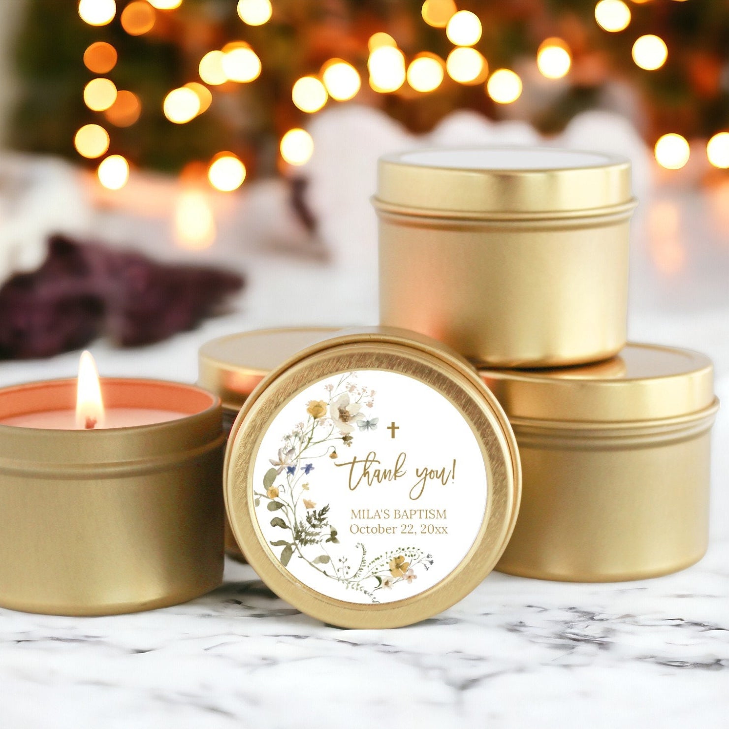 Wildflower Baptism Favors / For Guests Bulk / Set of 10 Candle Favors / Christening for Girls / Gold Tins / Soy Candle / Communion Favors