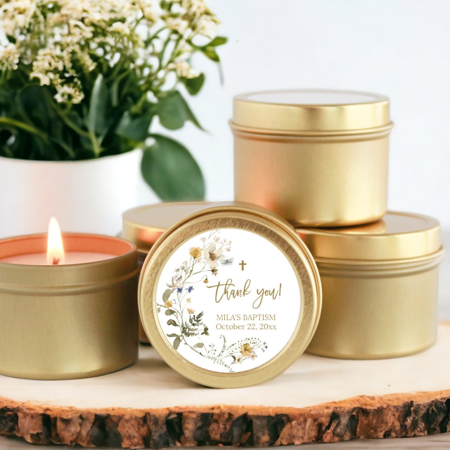 Wildflower Baptism Favors / For Guests Bulk / Set of 10 Candle Favors / Christening for Girls / Gold Tins / Soy Candle / Communion Favors