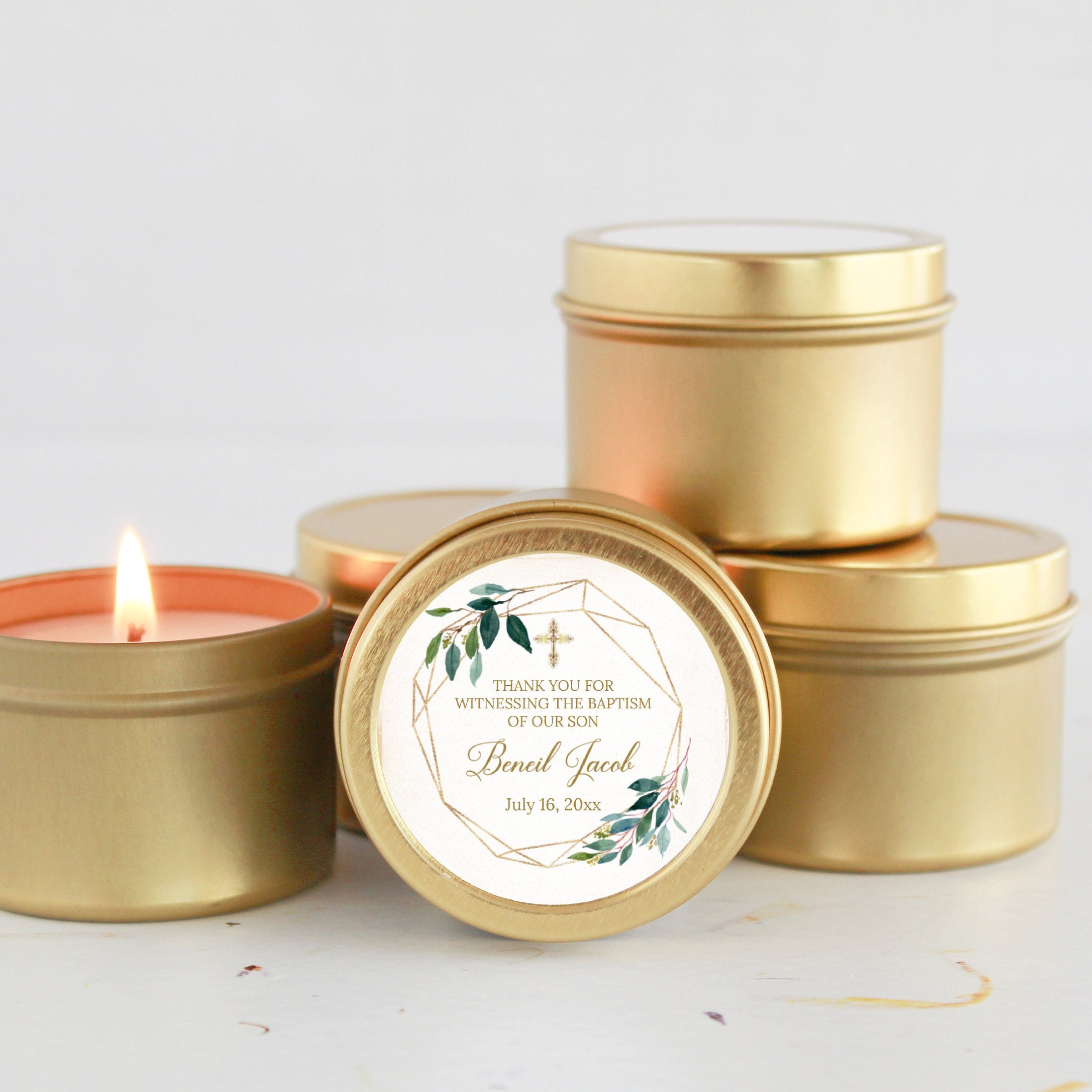 Baptism Candle Favors for Guests in Bulk / Set of 10 / Boy Baptism / Girl Baptism / Communion Favor / Christening Favor / Greenery & Gold