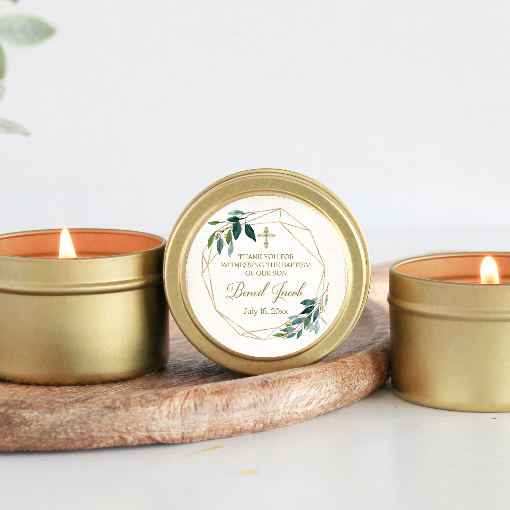 Baptism Candle Favors for Guests in Bulk / Set of 10 / Boy Baptism / Girl Baptism / Communion Favor / Christening Favor / Greenery & Gold