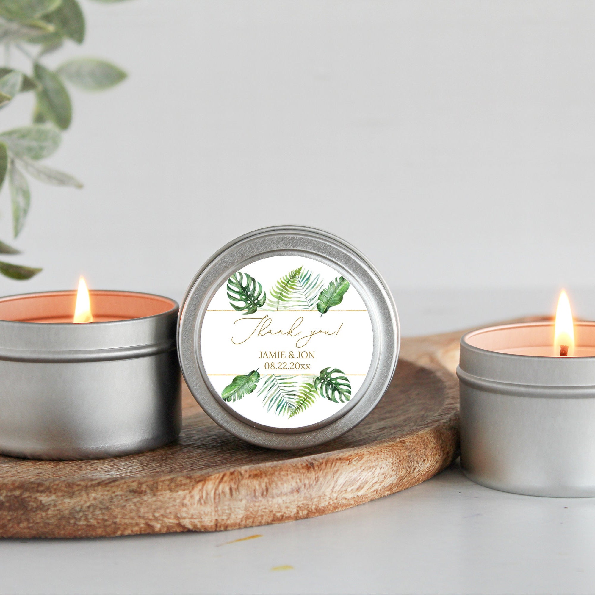 Tropical Beach Wedding Favors / Bulk Candle Favors for Guests / Set of 10 Candle Favors / Personalized Wedding Favors / Gold Candle Tins