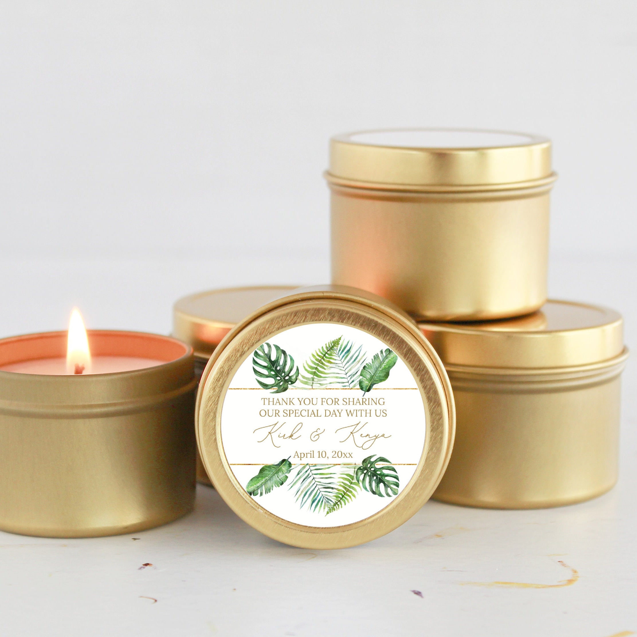 Tropical Beach Wedding Favors / Bulk Candle Favors for Guests / Set of 10 Candle Favors / Personalized Wedding Favors / Gold Candle Tins