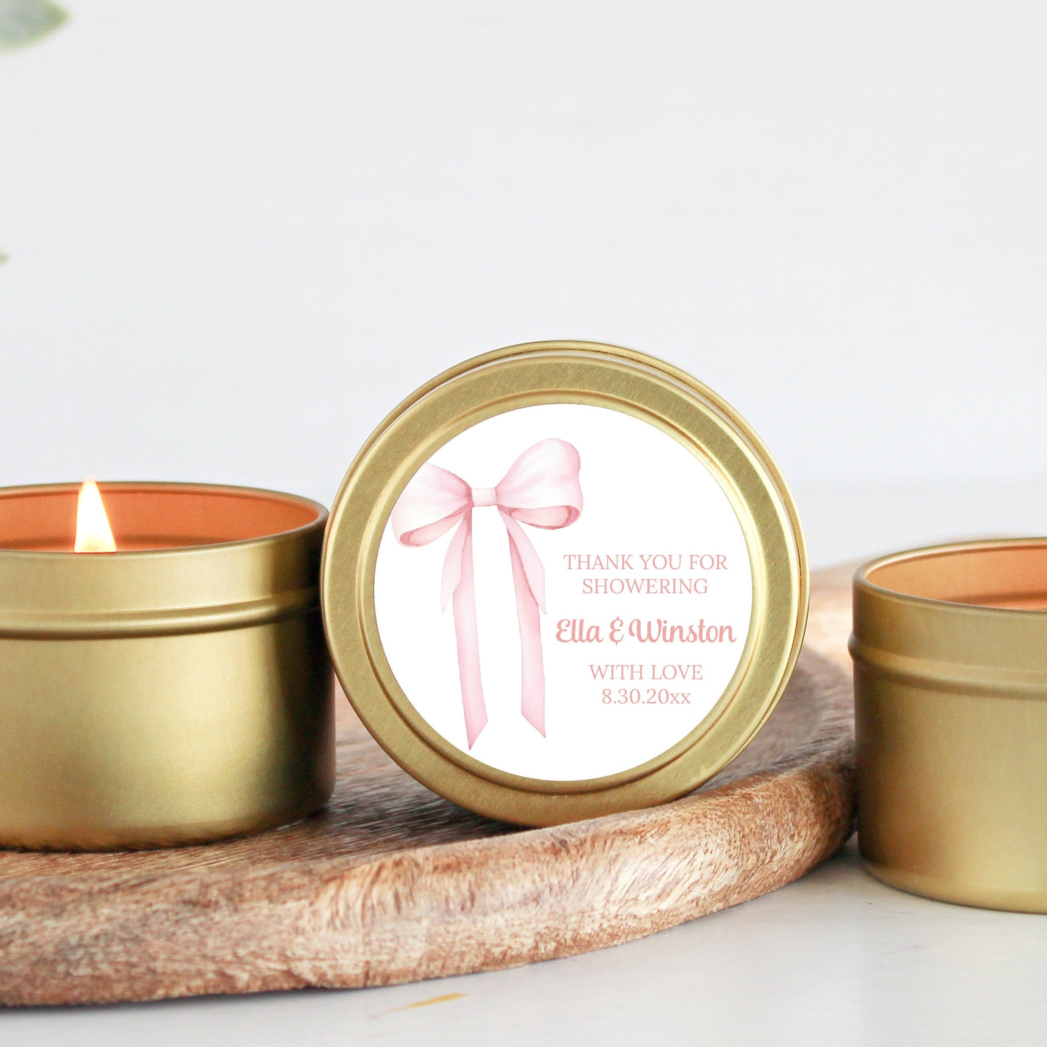 Pink Bow Baby Shower Candle Favors / For Guests in Bulk / Soy Candle Favors / Baby Girl Shower / Set of 10 / Gold & Silver Tins / Party