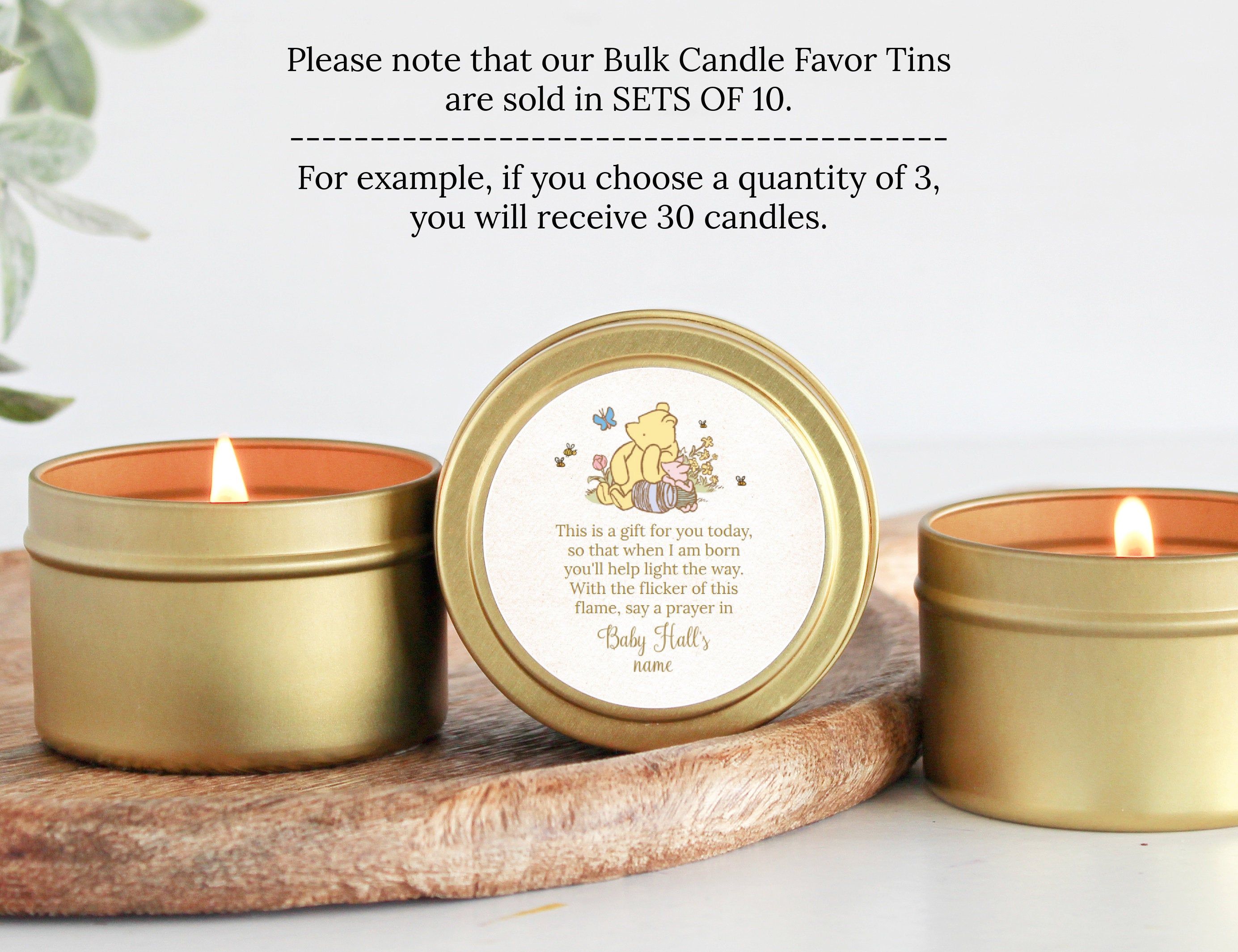 Winnie The Pooh Baby Shower Favors / For Guests in Bulk / Candle Favors / Baby Boy / Baby Girl / Gold Tins / Set of 10 / Personalized