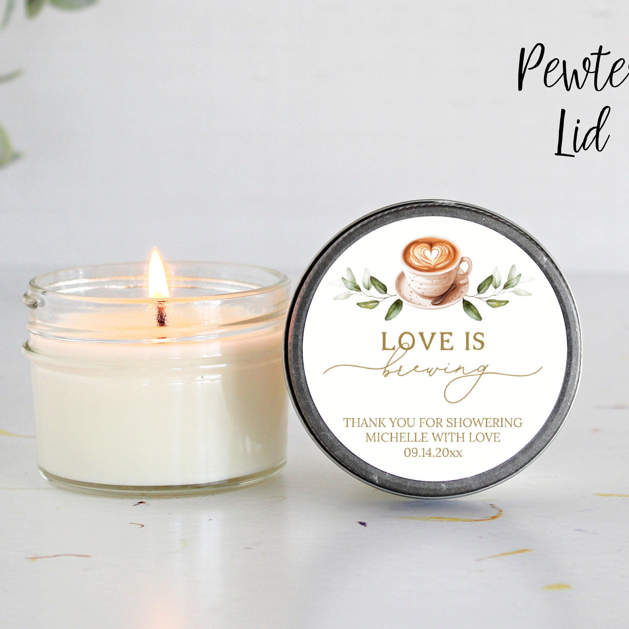 Love is Brewing / Candle Favors / Bridal Shower Favors / Personalized 4 oz candles / A Baby is Brewing / Coffee / Espresso / Party Favors
