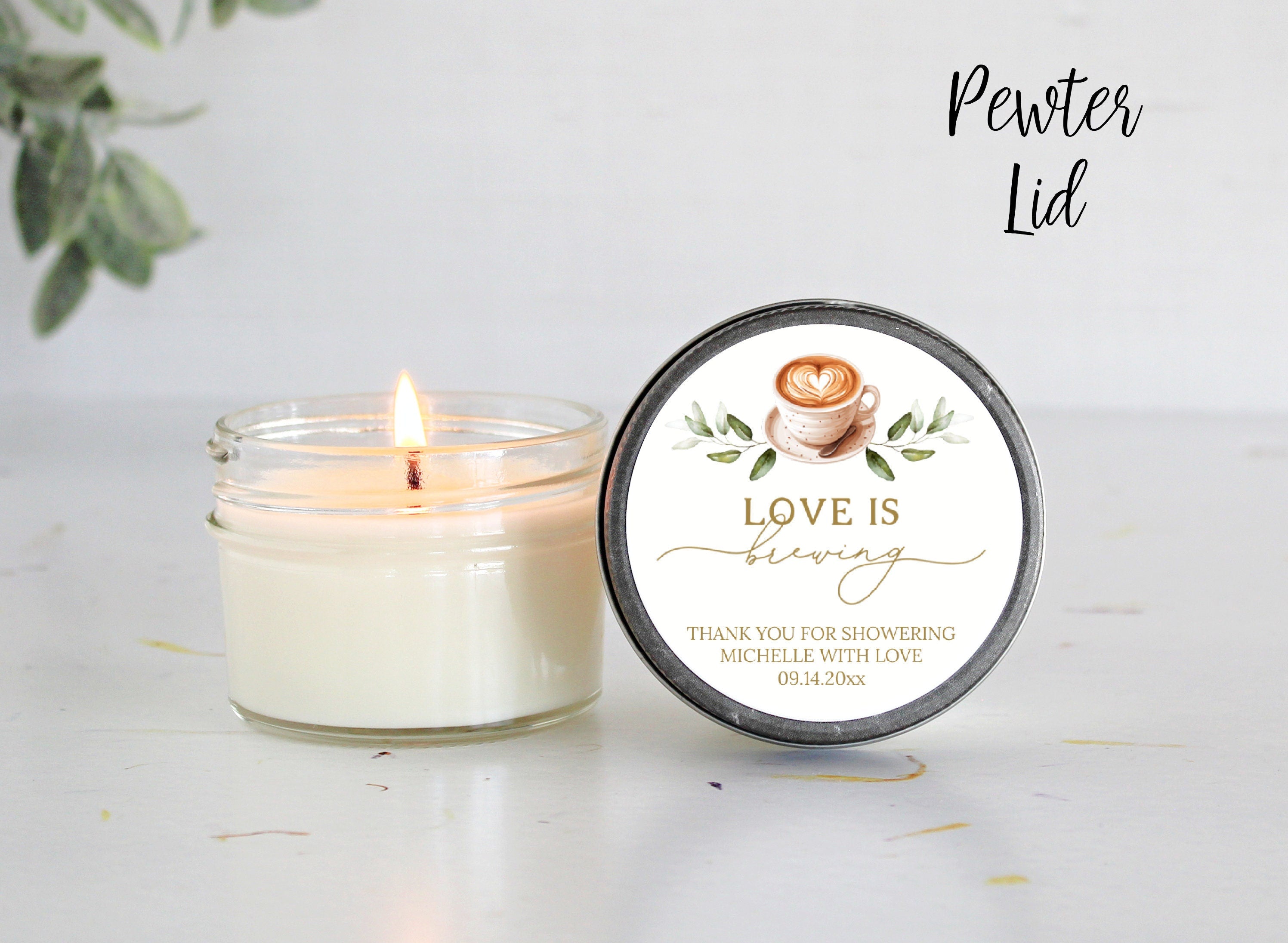 Love is Brewing / Candle Favors / Bridal Shower Favors / Personalized 4 oz candles / A Baby is Brewing / Coffee / Espresso / Party Favors
