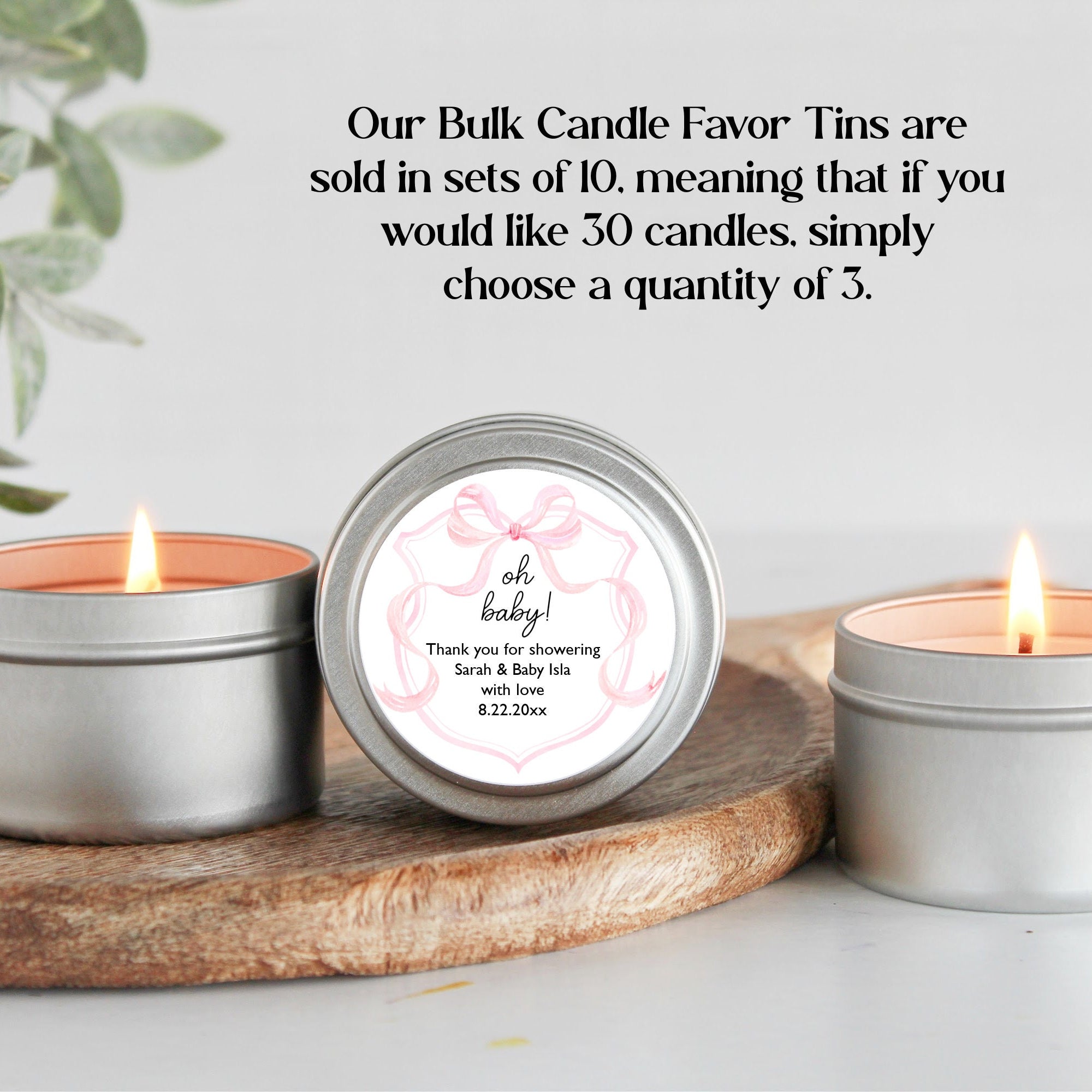 Pink Bow Baby Shower Candle Favors / For Guests in Bulk / Soy Candle Favors / Baby Girl Shower / Set of 10 / Gold & Silver Tins / Party