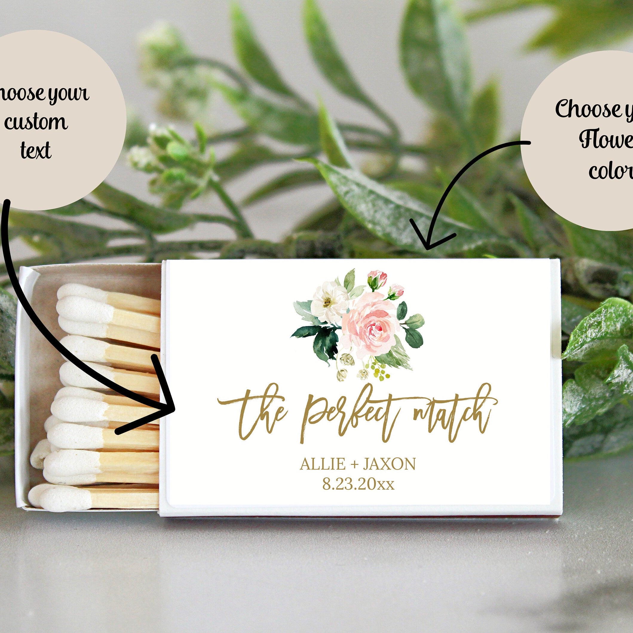 Personalized Matches / Set of 10 / Wedding Favors / The Perfect Match / Reception Favors / Bridal Shower / Engagement Party Favors Floral