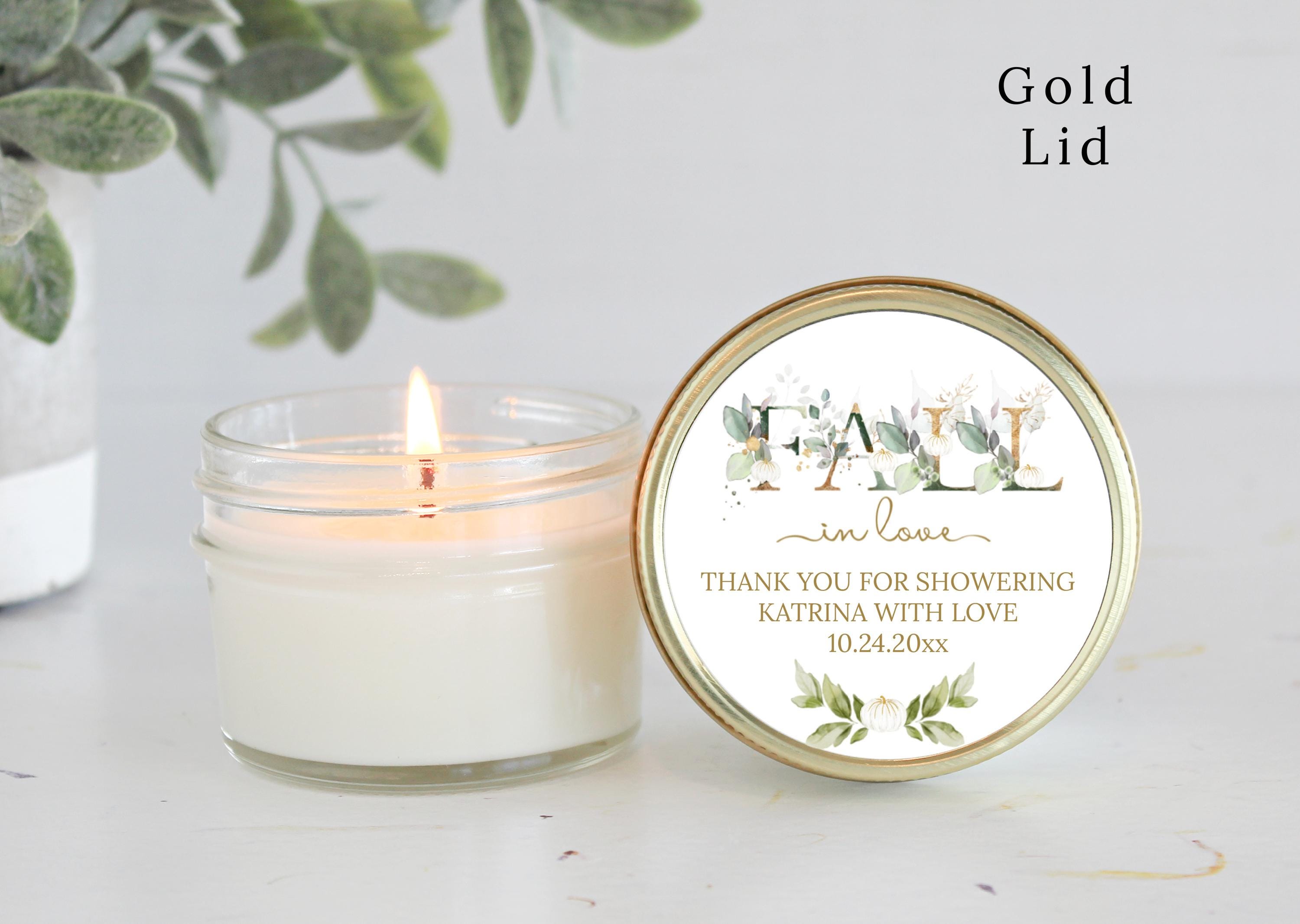 Falling in love Bridal Shower Favors / Personalized 4oz. Candle Favors / Baby Shower / White Pumpkin, Gold & Greenery / Thank you for Guests