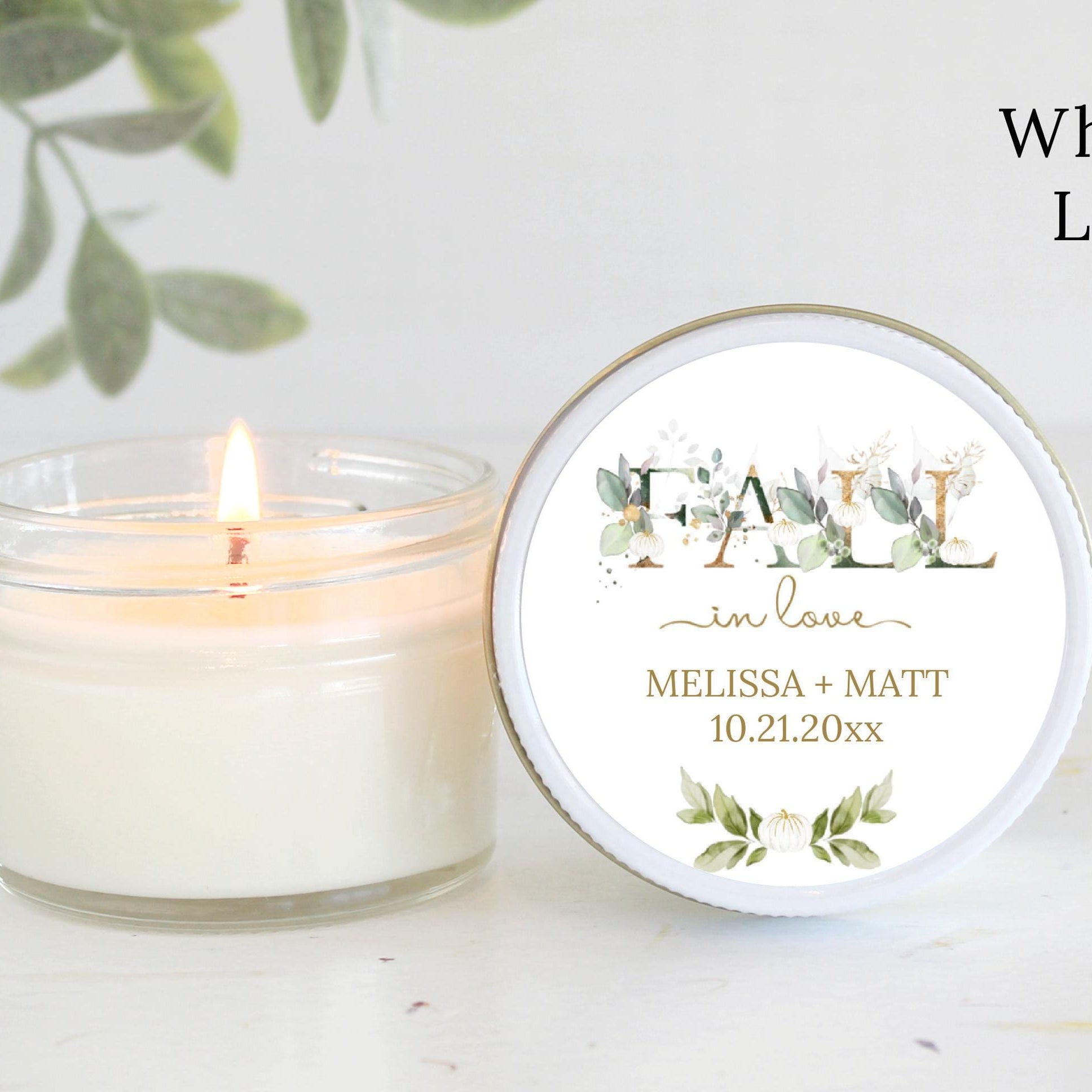 Falling in love Bridal Shower Favors / Personalized 4oz. Candle Favors / Baby Shower / White Pumpkin, Gold & Greenery / Thank you for Guests