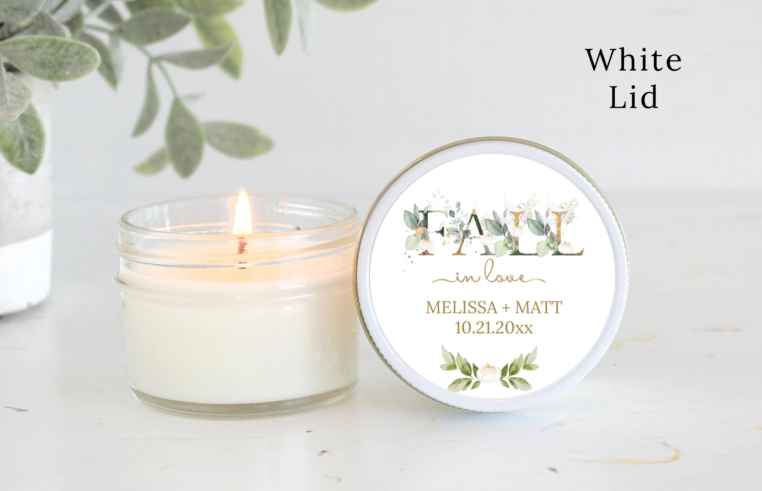 Falling in love Bridal Shower Favors / Personalized 4oz. Candle Favors / Baby Shower / White Pumpkin, Gold & Greenery / Thank you for Guests