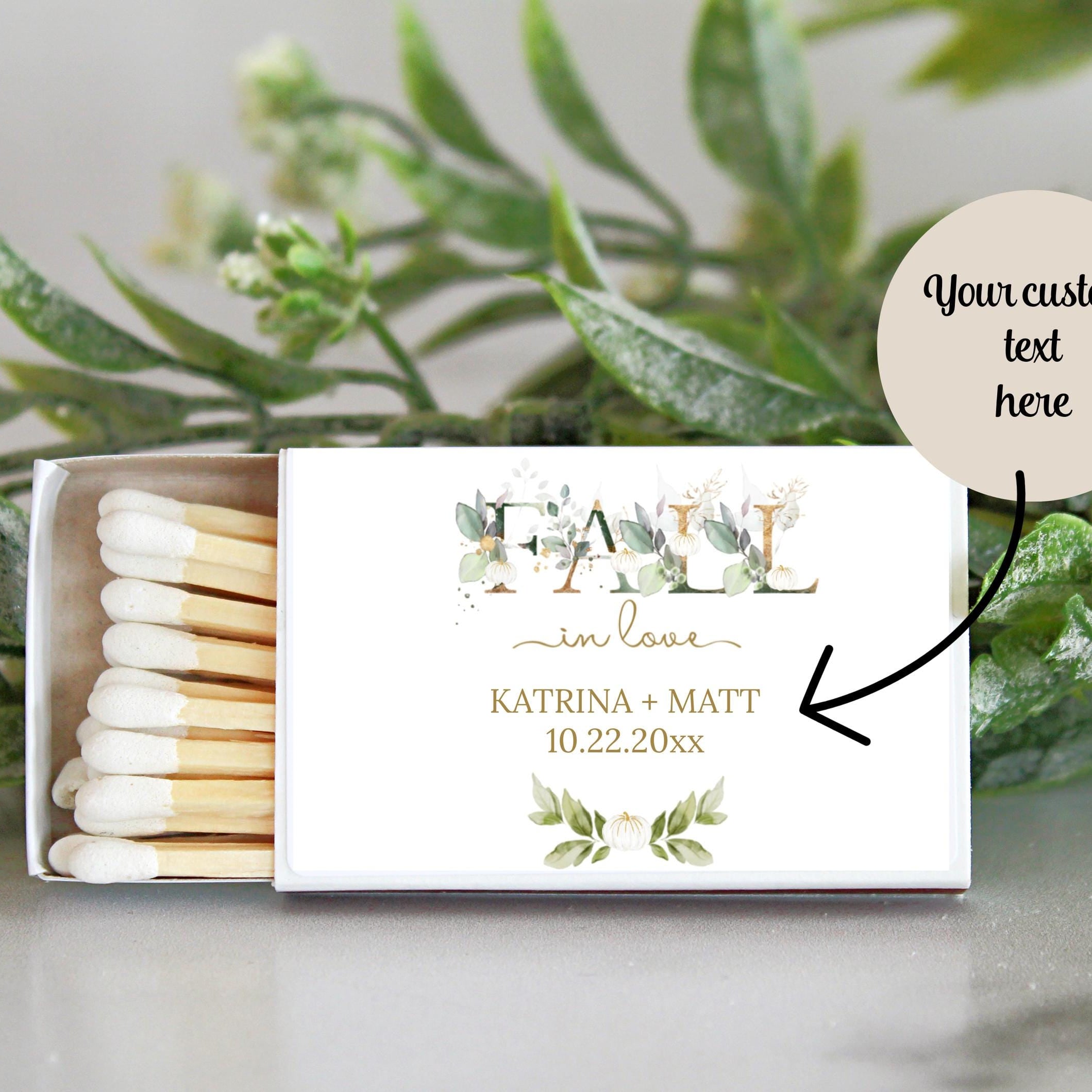 Fall In Love Wedding Match Box Favors / Set of 10 / Personalized Favors / Reception Favors / Bridal Shower / White and Gold Pumpkin Favors