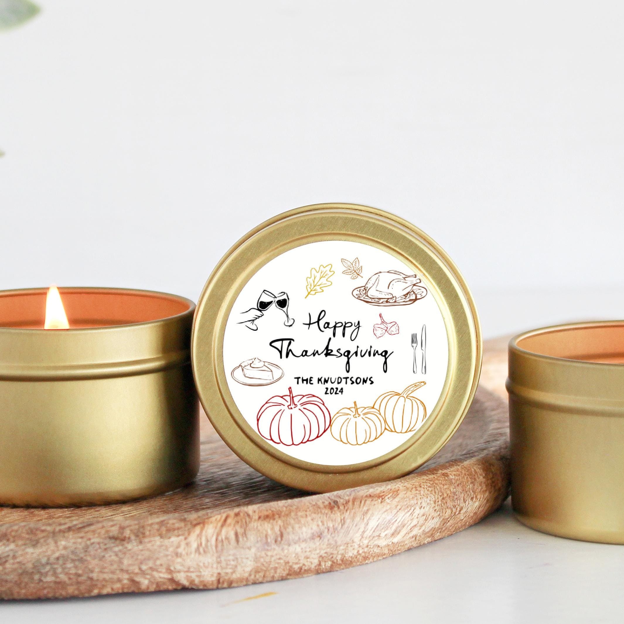 Happy Friendsgiving Favor / Set of 10 Candle Tins / Bulk For Guests / Happy Thanksgiving / Personalized Holiday Favors / Fall Pumpkin Sketch