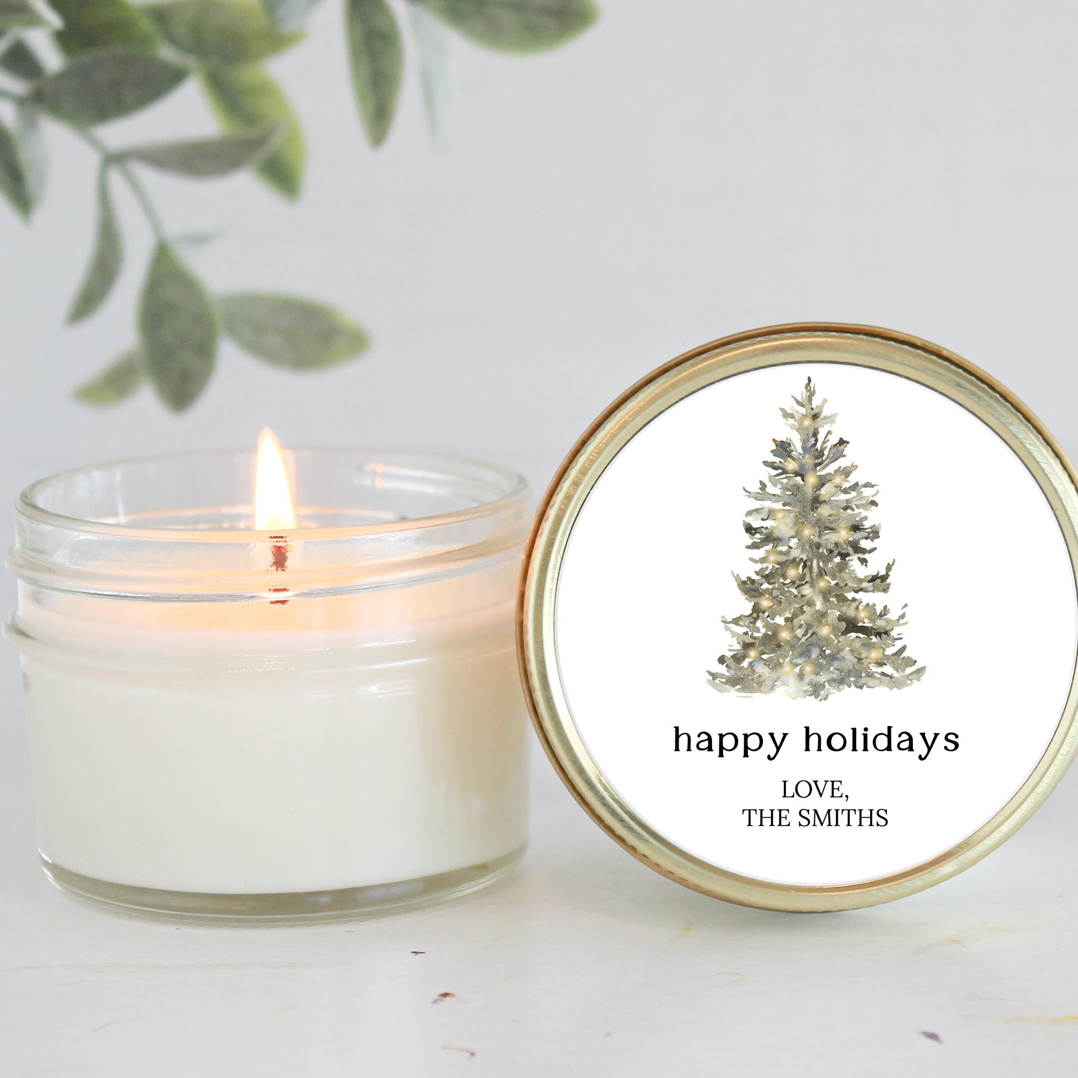 Bulk Christmas Candles / Corporate Gift / Christmas Gift / Personalized Favor/ Christmas tree / Happy Holidays Personalized 4oz Soy Candles