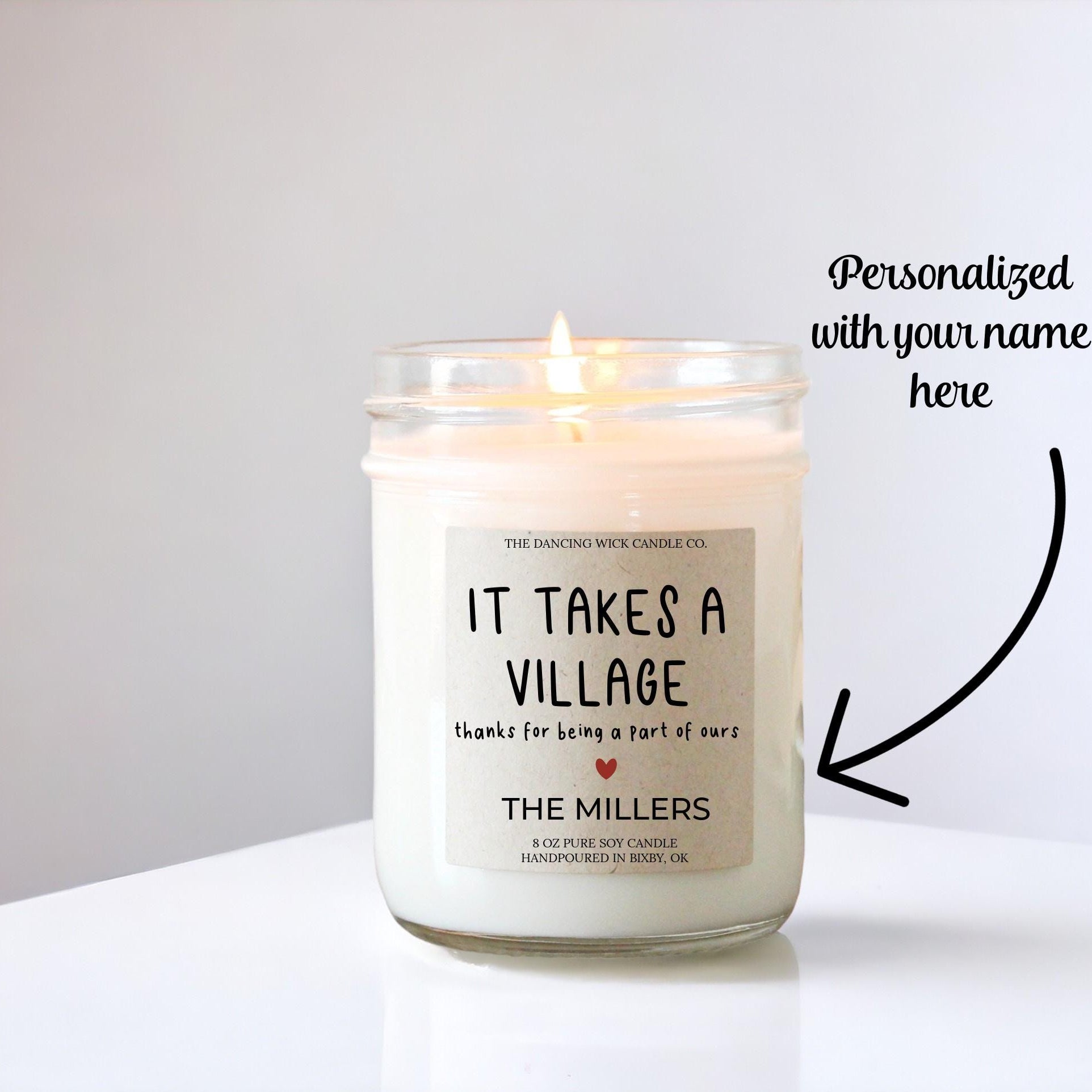 It Takes a Village Candle Gift, Thank You Candle, Gift for Nanny, Teacher, Babysitter, Day Care, Coach, Friend, Grandma, Mom, Sister, Aunt