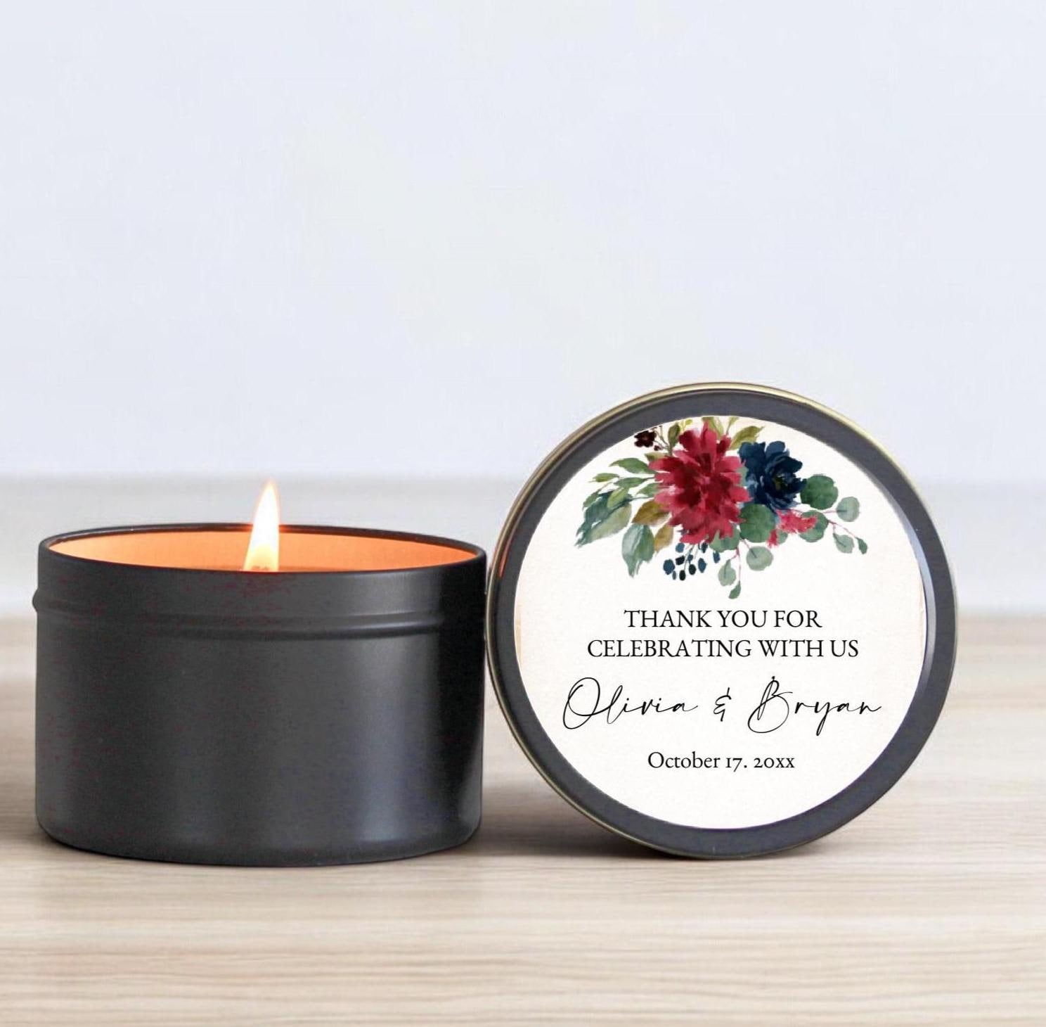 Wedding Favors / Bulk for Guests / Jewel Floral Candle Favors / Set of 10 Candle Tin Favors / Personalized / Fall and Winter Wedding / Moody