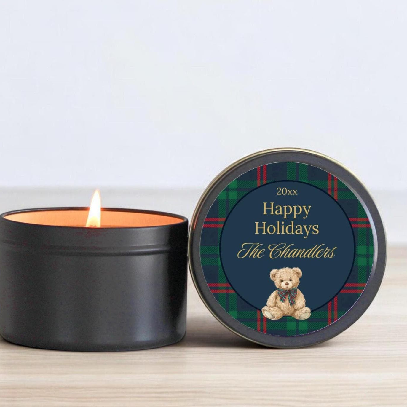 Personalized Christmas Candle Gifts | Tartan Plaid Teddy Bear Design | Custom Holiday Candles Sold in Sets of 10 | Family or Corporate Gift