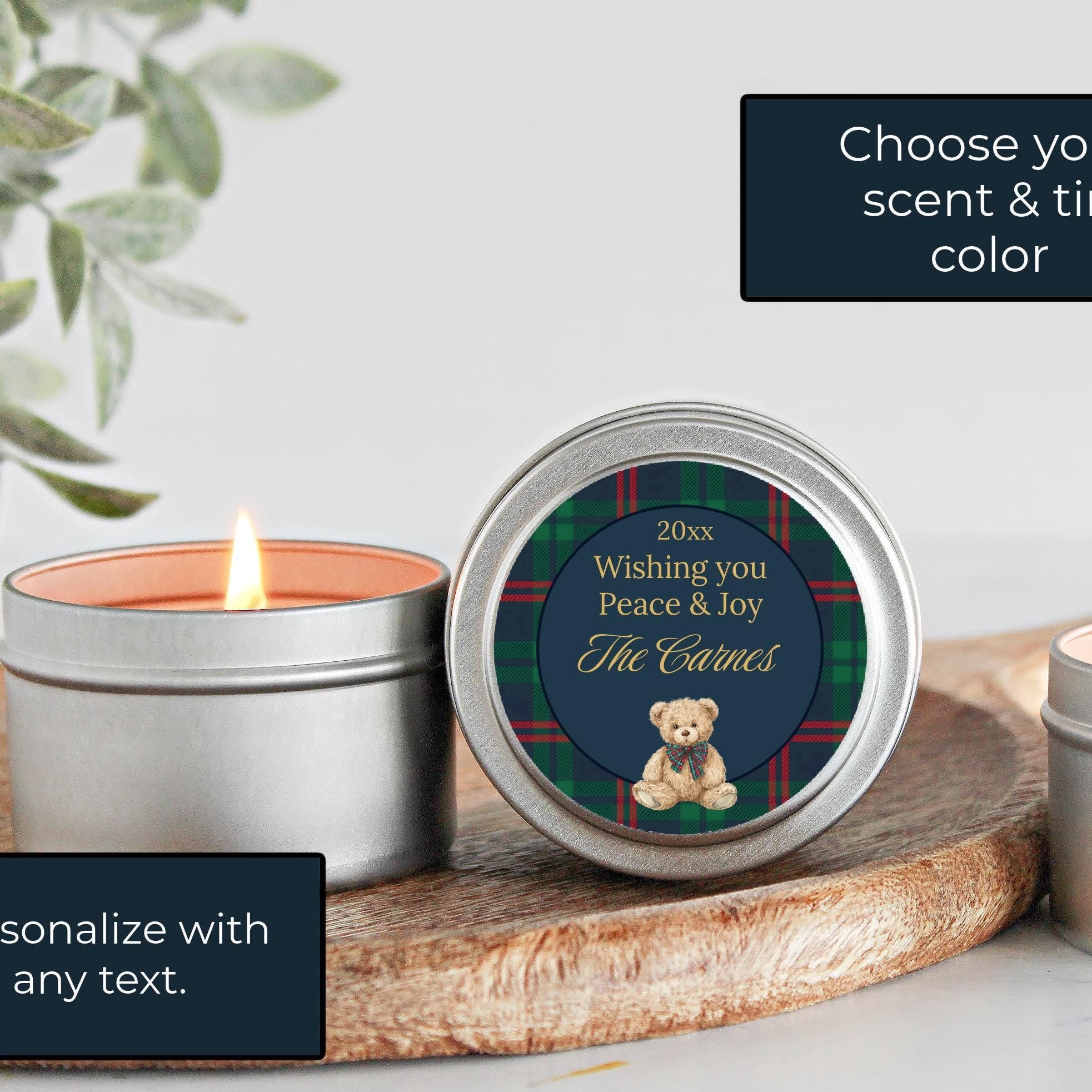 Personalized Christmas Candle Gifts | Tartan Plaid Teddy Bear Design | Custom Holiday Candles Sold in Sets of 10 | Family or Corporate Gift