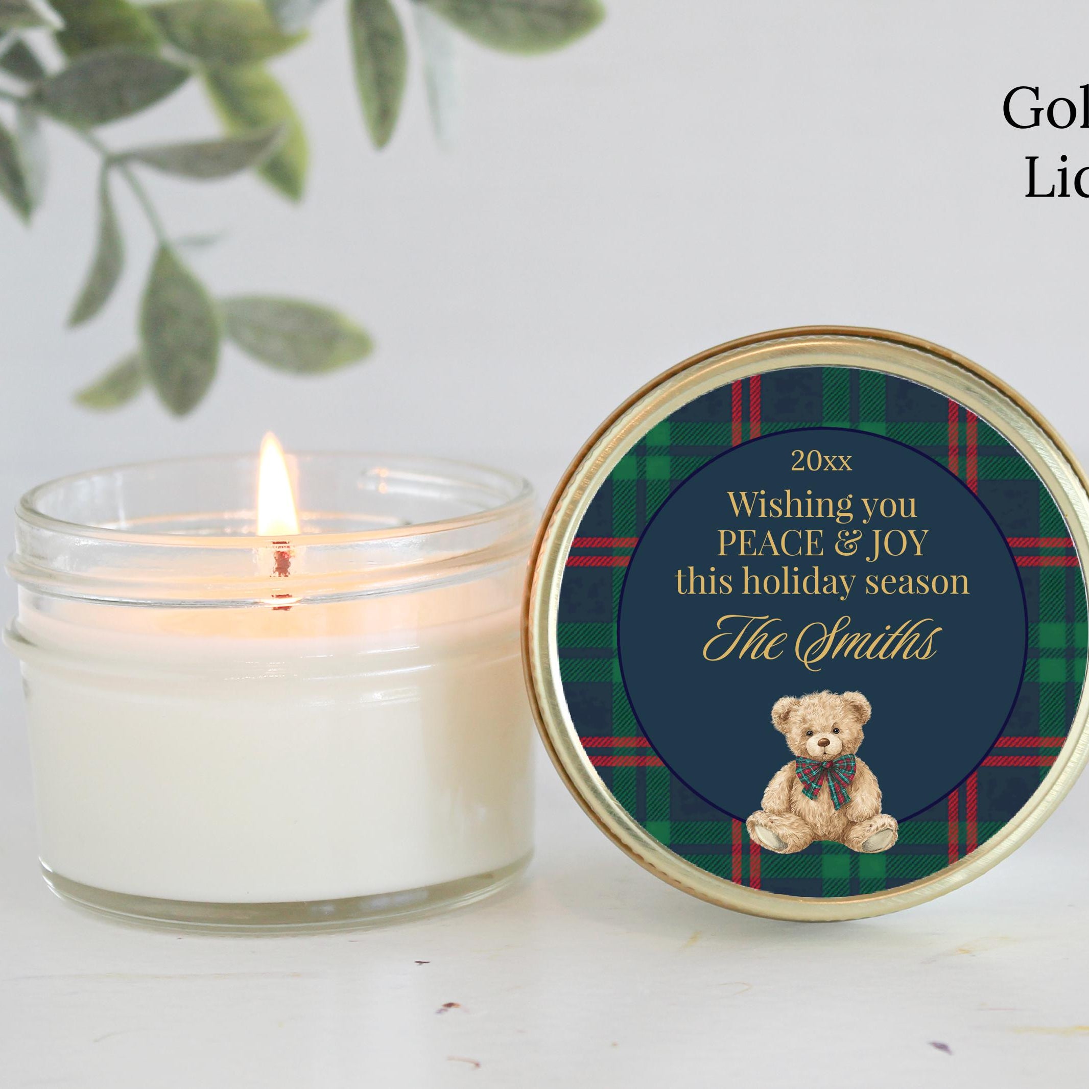 Tartan Plaid Bear Christmas Candle Gift – Personalized 4oz Soy Candle, Classic Holiday Style