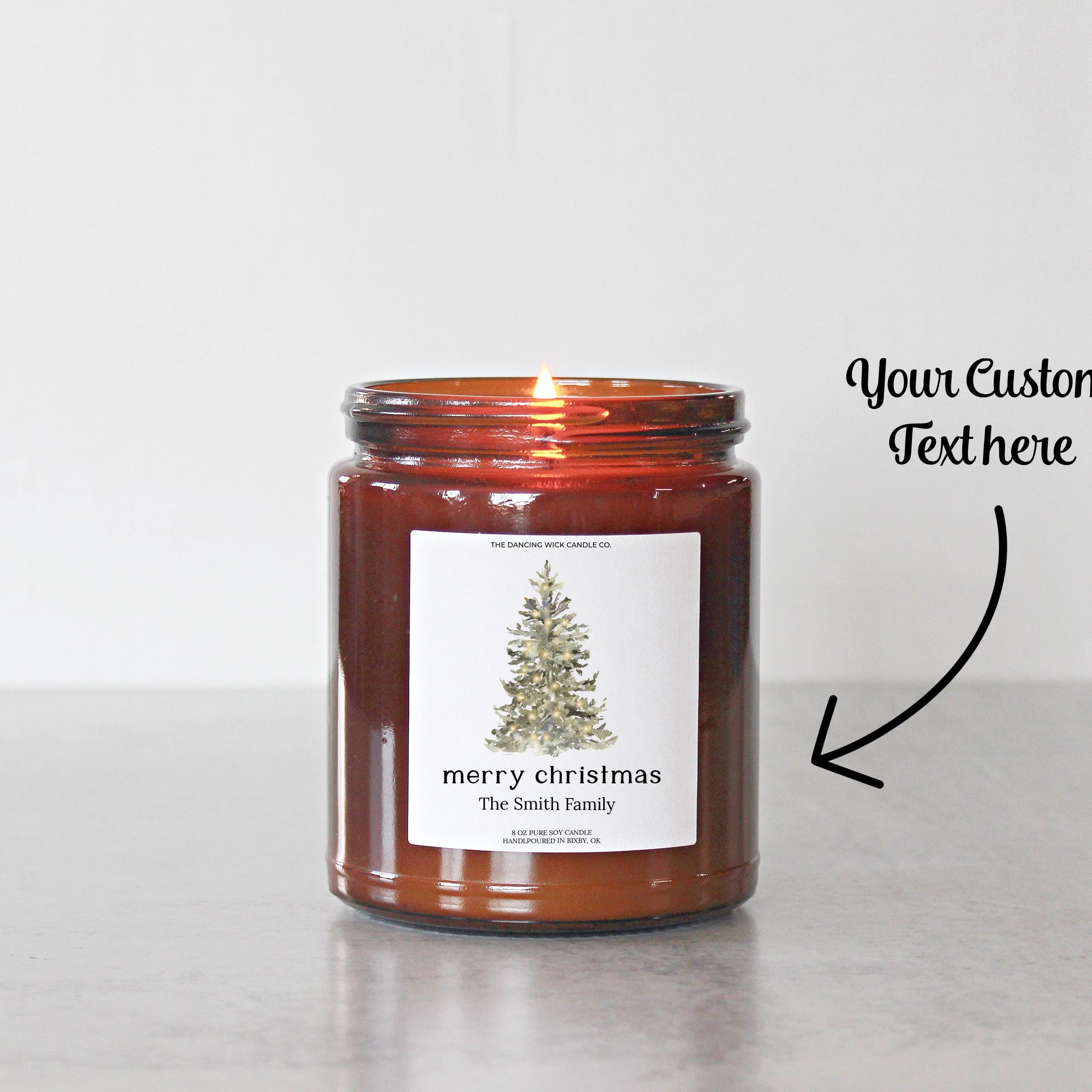 Personalized Merry Christmas Candle – Amber Jar Holiday Gift – 4oz & 8oz Soy Candle - Christmas Tree Design