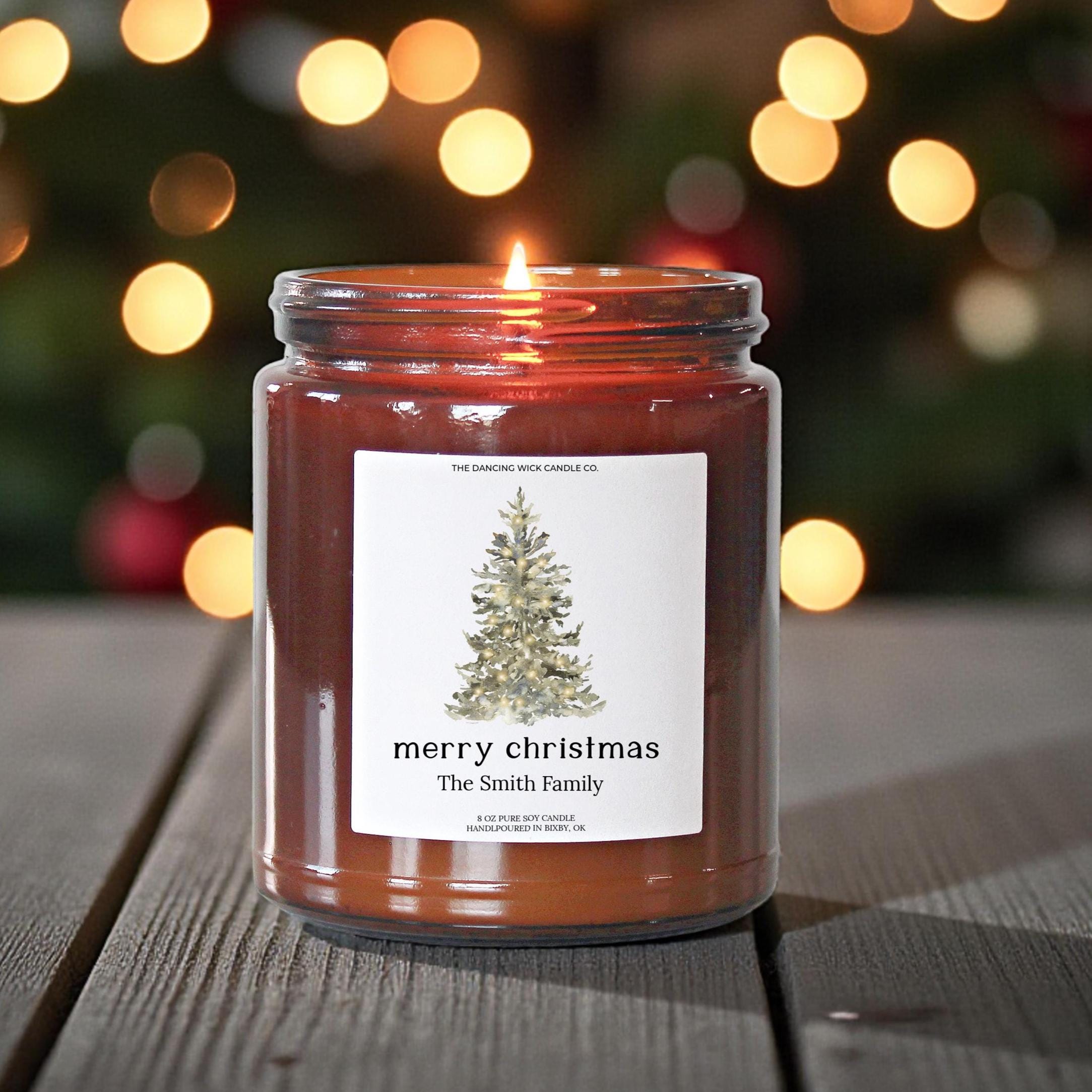 Personalized Merry Christmas Candle – Amber Jar Holiday Gift – 4oz & 8oz Soy Candle - Christmas Tree Design