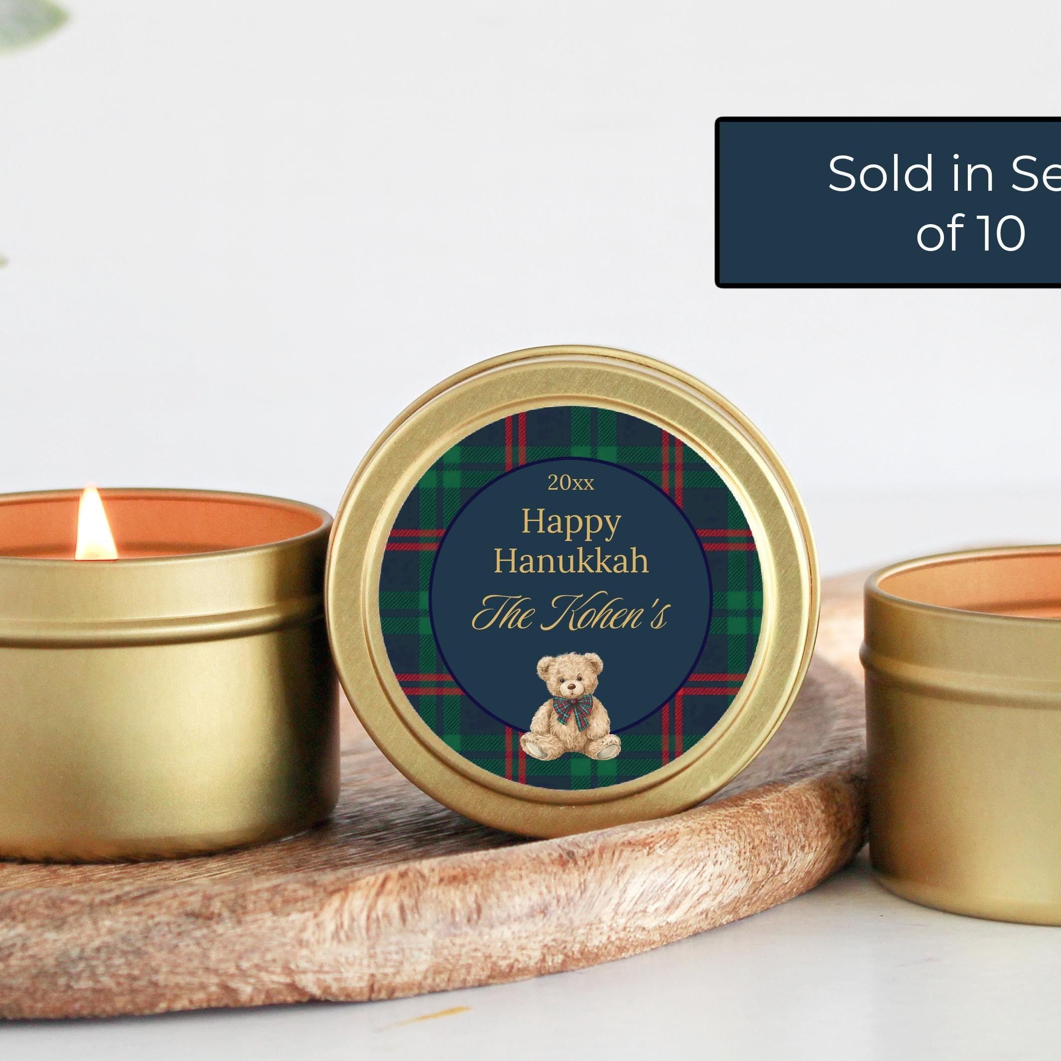 Personalized Christmas Candle Gifts | Tartan Plaid Teddy Bear Design | Custom Holiday Candles Sold in Sets of 10 | Family or Corporate Gift