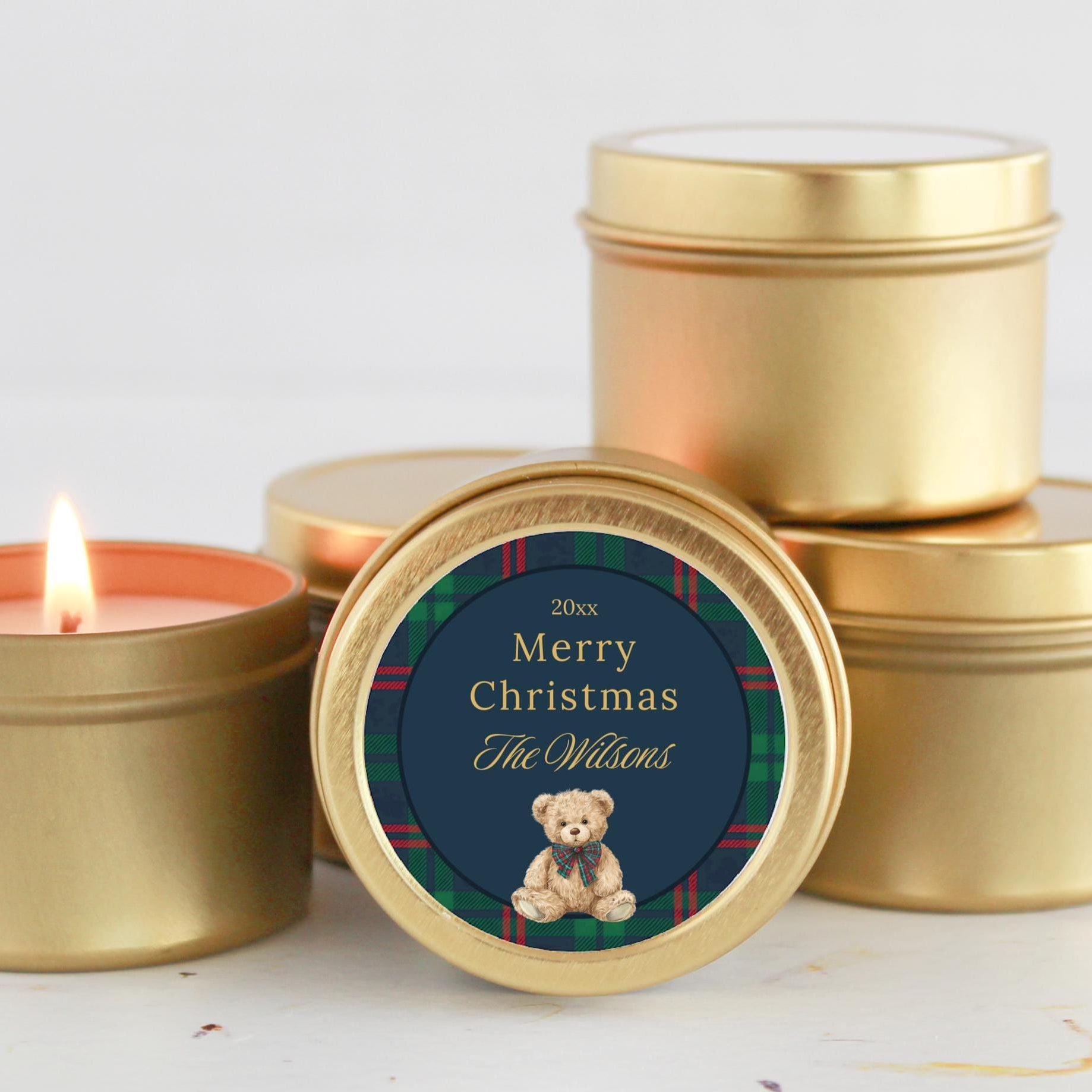 Personalized Christmas Candle Gifts | Tartan Plaid Teddy Bear Design | Custom Holiday Candles Sold in Sets of 10 | Family or Corporate Gift