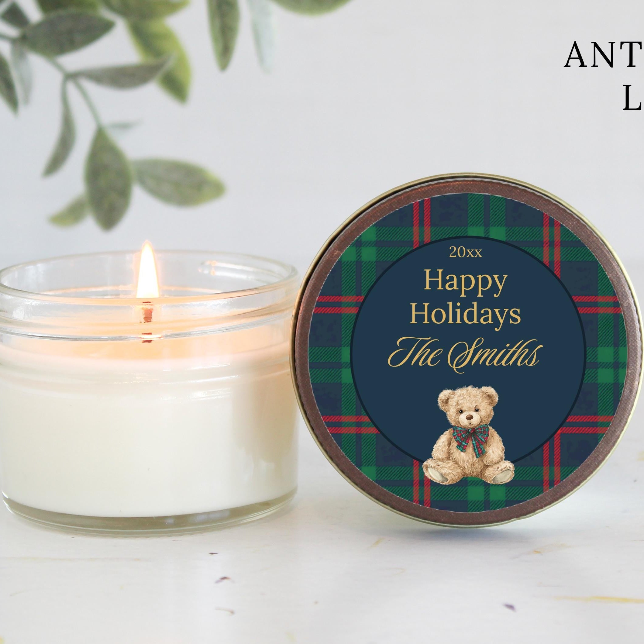 Tartan Plaid Bear Christmas Candle Gift – Personalized 4oz Soy Candle, Classic Holiday Style
