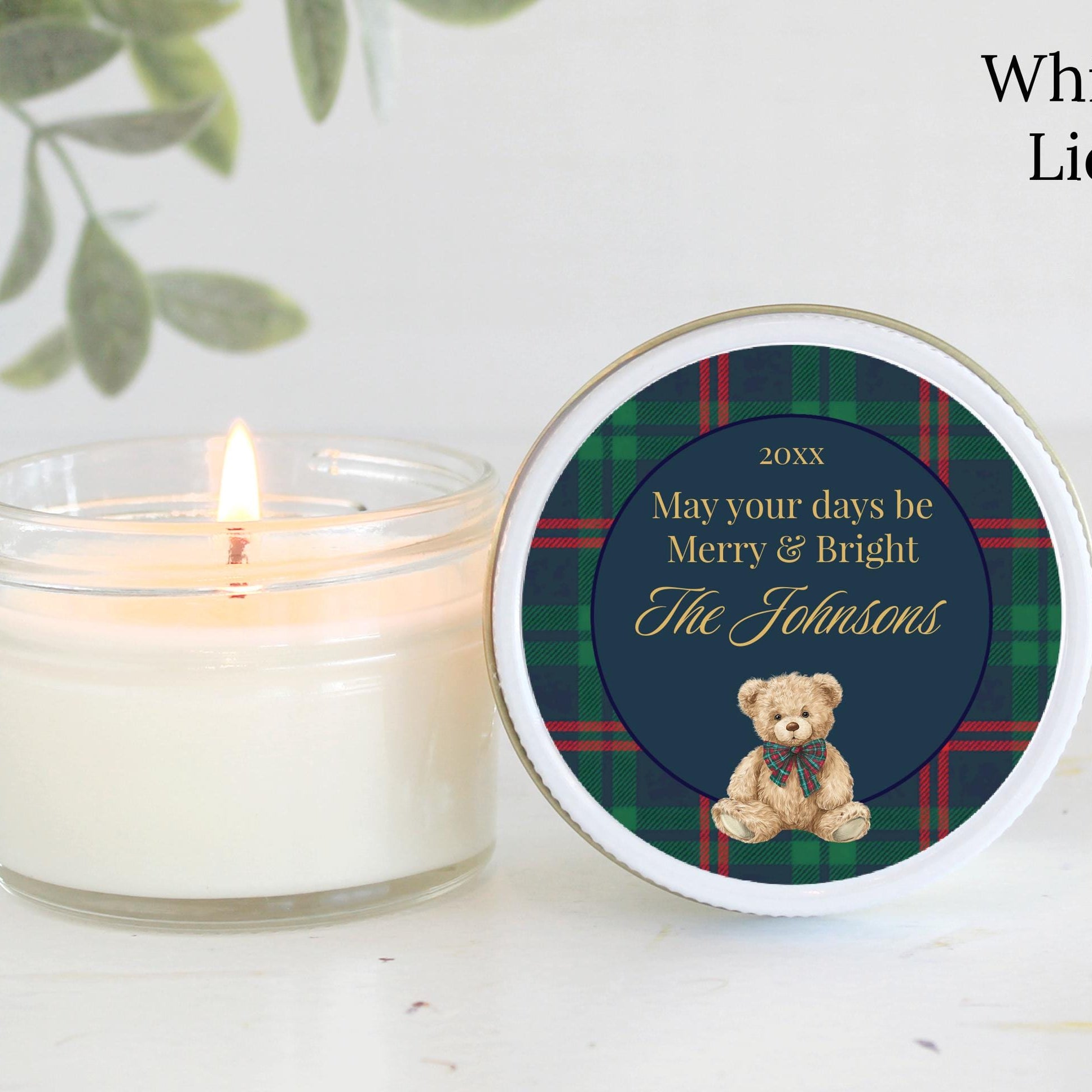 Tartan Plaid Bear Christmas Candle Gift – Personalized 4oz Soy Candle, Classic Holiday Style