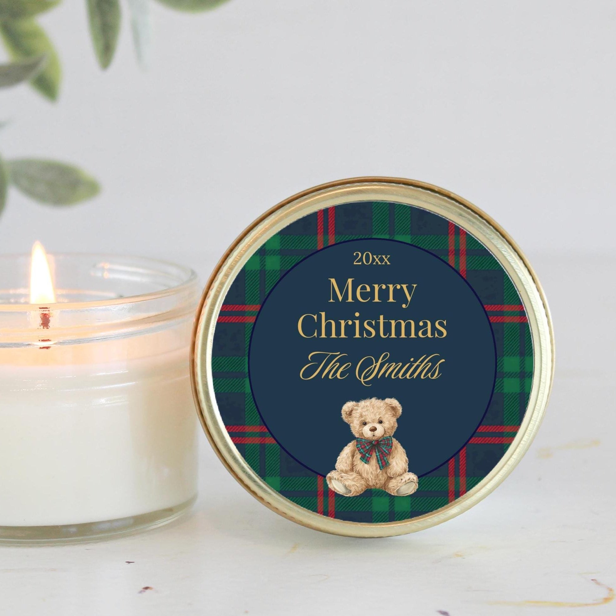 Tartan Plaid Bear Christmas Candle Gift – Personalized 4oz Soy Candle, Classic Holiday Style