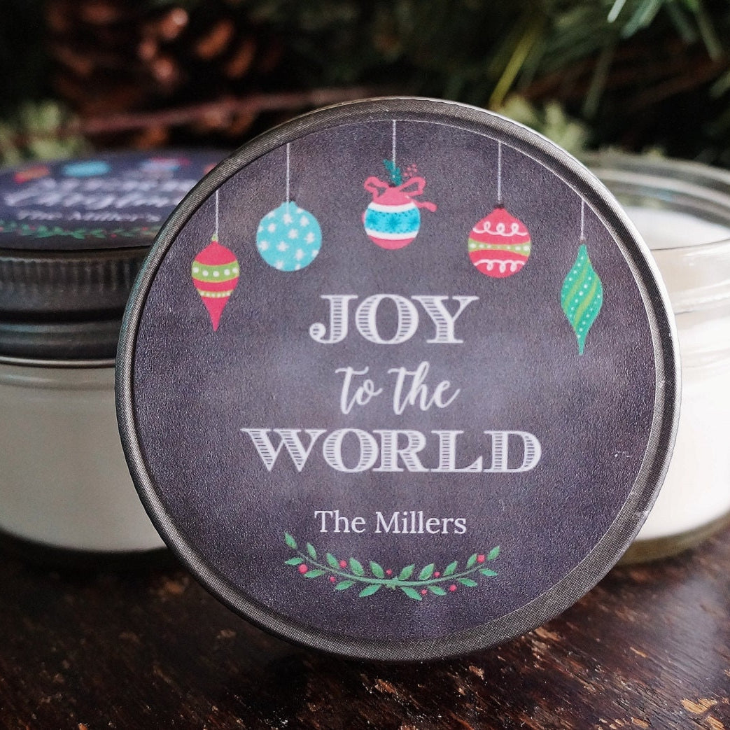 Personalized 4oz Holiday Favor Candle / Christmas Candle Gift / Personalized Holiday Gift/ Christmas Party Favor/ Joy to the World/ Ornament