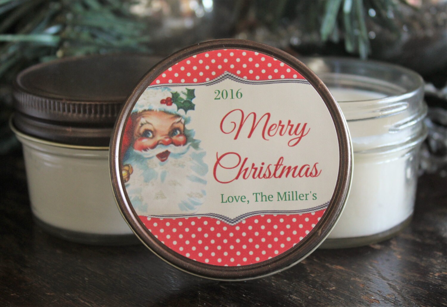 Vintage Santa Favor / Personalized 4 oz. Candle Favors / Christmas Candle Favor//Vintage Christmas / Christmas Candle / Christmas Card