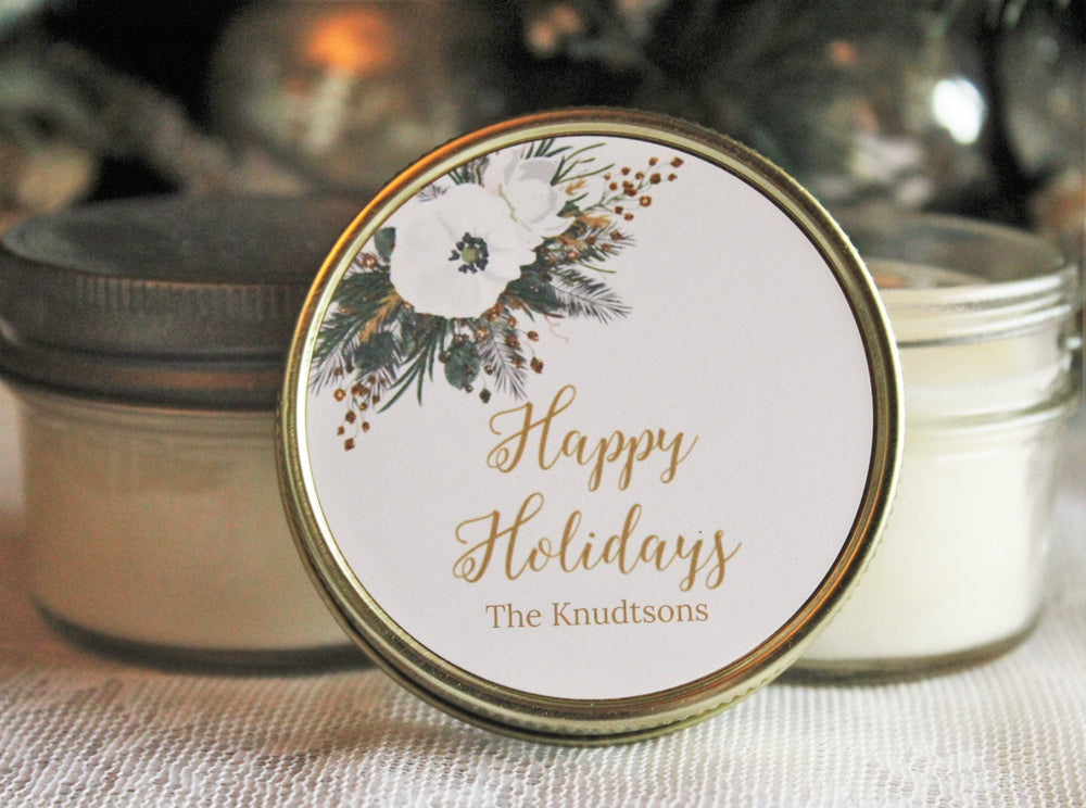 Holiday Candle Favor / Gold & Silver Christmas / Personalized 4 oz. Soy Candle Favors / Personalized Holiday Gift / Christmas Party Favor