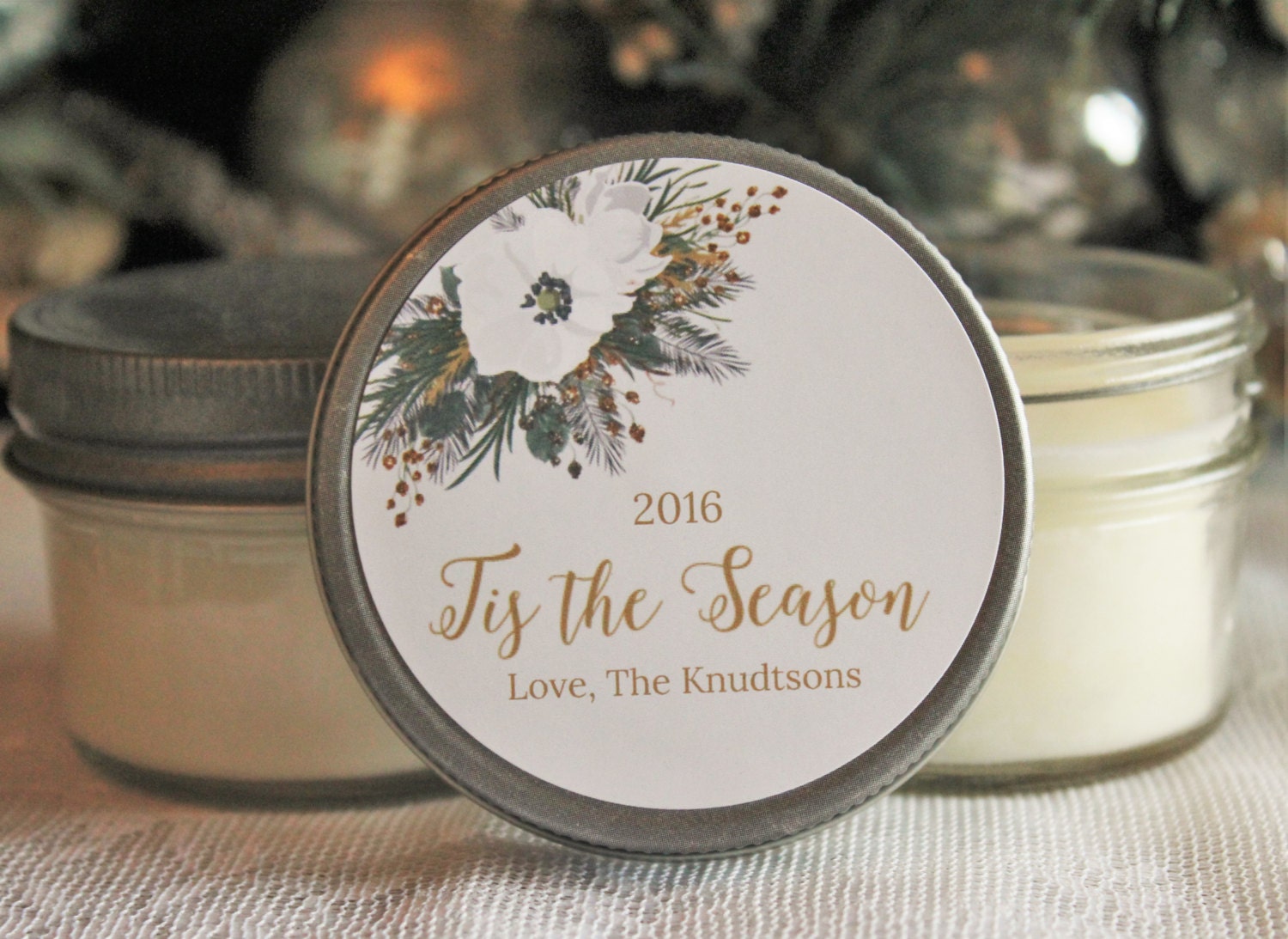 Holiday Candle Favor / Gold & Silver Christmas / Personalized 4 oz. Soy Candle Favors / Personalized Holiday Gift / Christmas Party Favor