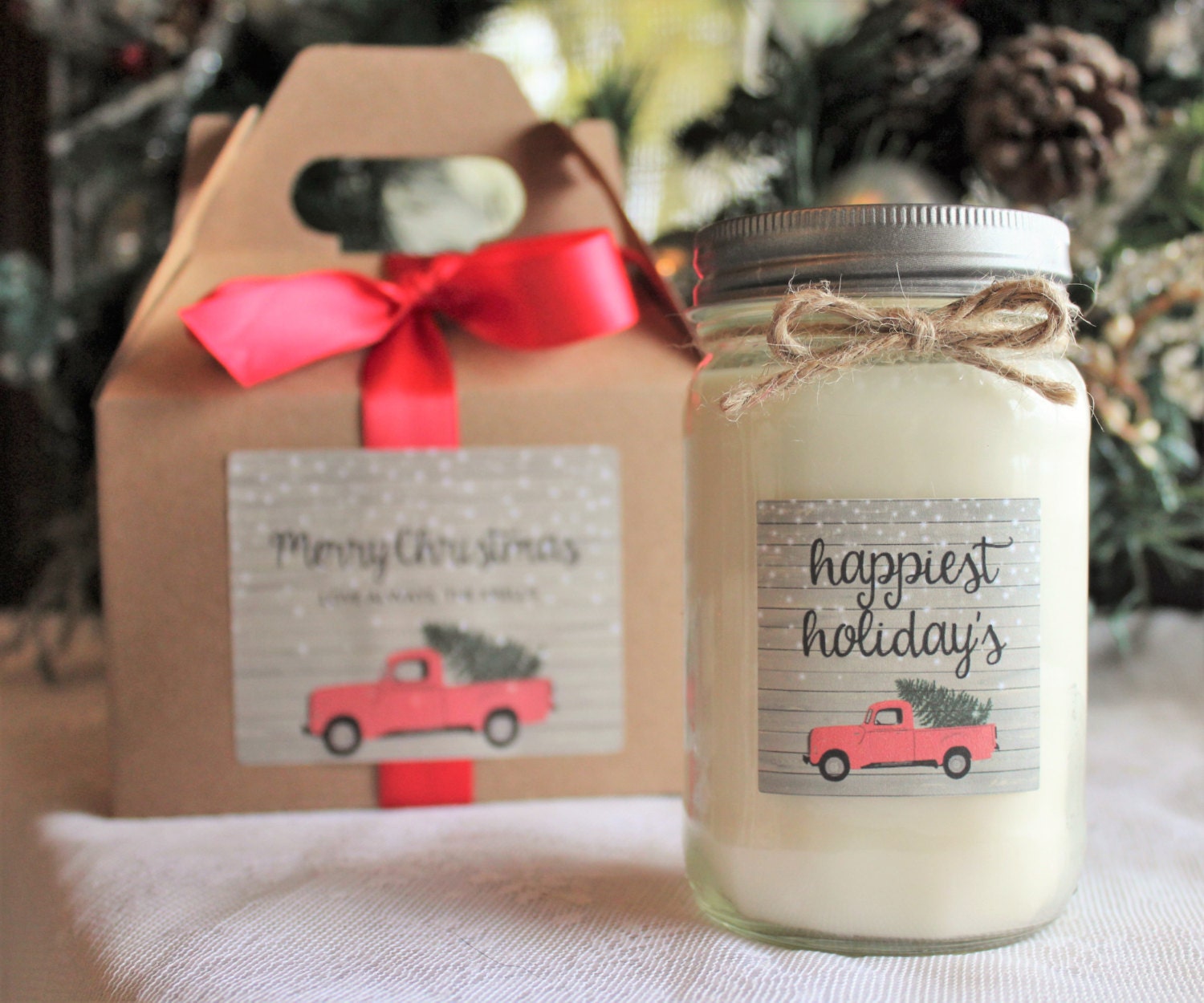 Christmas Candle / Holiday Candle / Red Truck Christmas / Personalized Holiday Candle / Rustic Christmas Gift / Soy Candle / Candle Gift