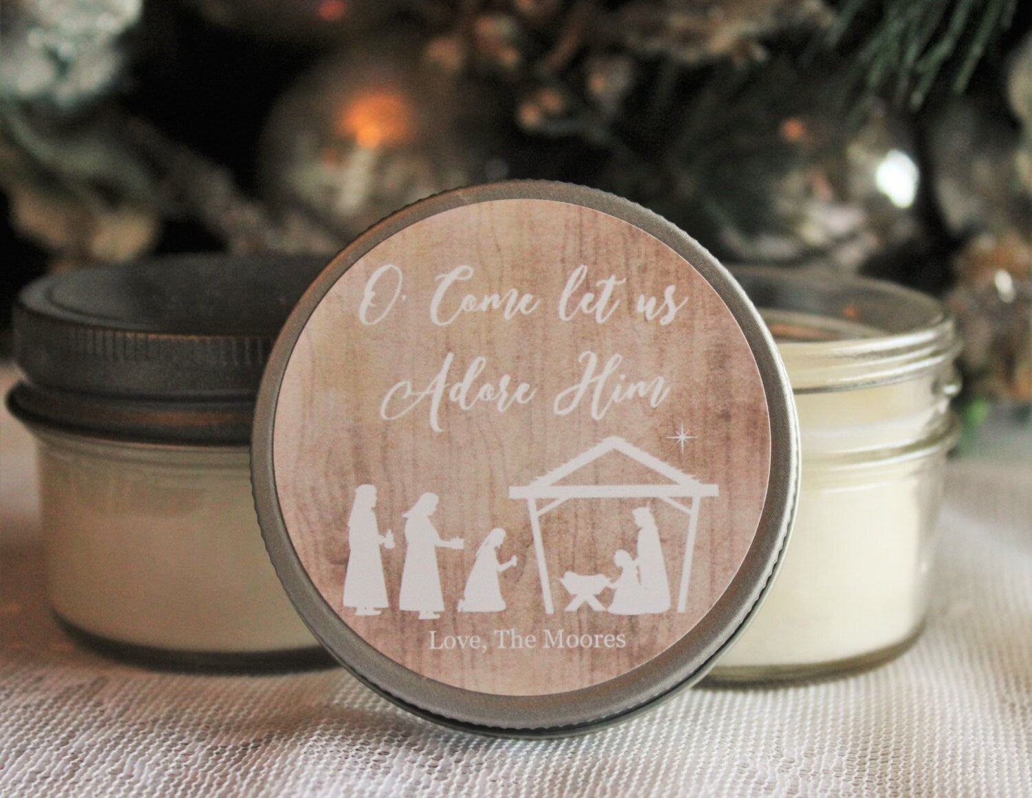 Nativity / Holiday Candle Favor / O Come Let us Adore Him / Personalized 4 oz. Soy Candle Favors / Christmas Card / Christmas Favor