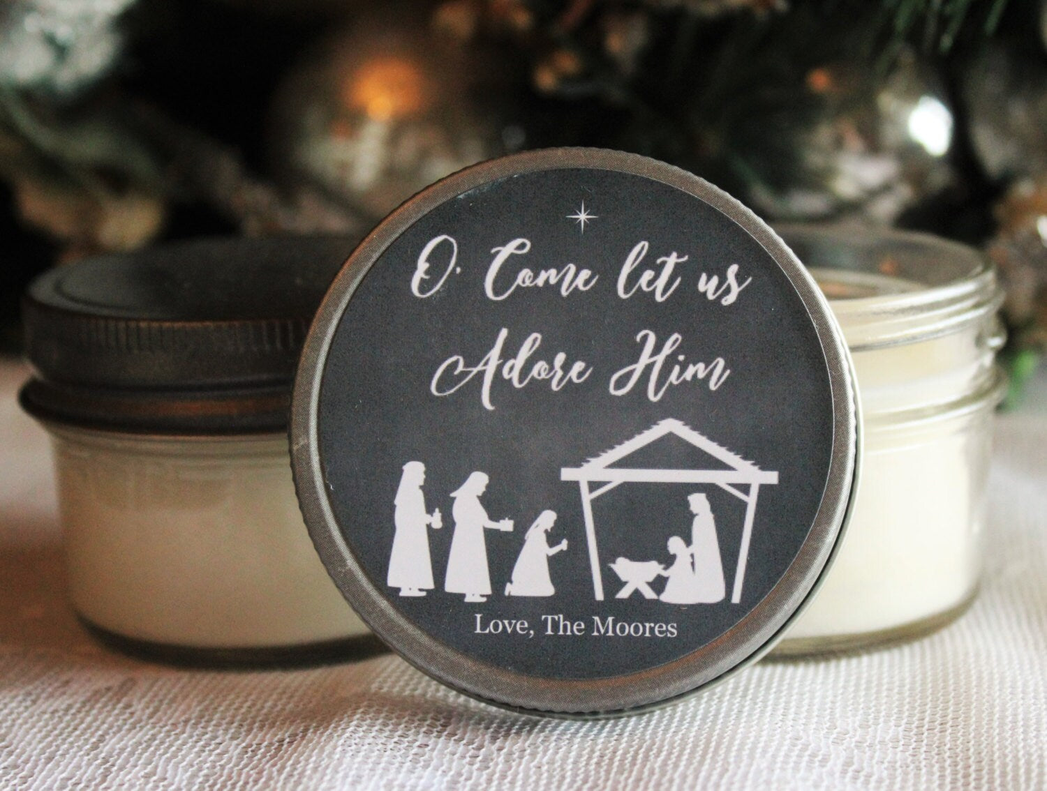 Nativity / Holiday Candle Favor / O Come Let us Adore Him / Personalized 4 oz. Soy Candle Favors / Christmas Card / Christmas Favor