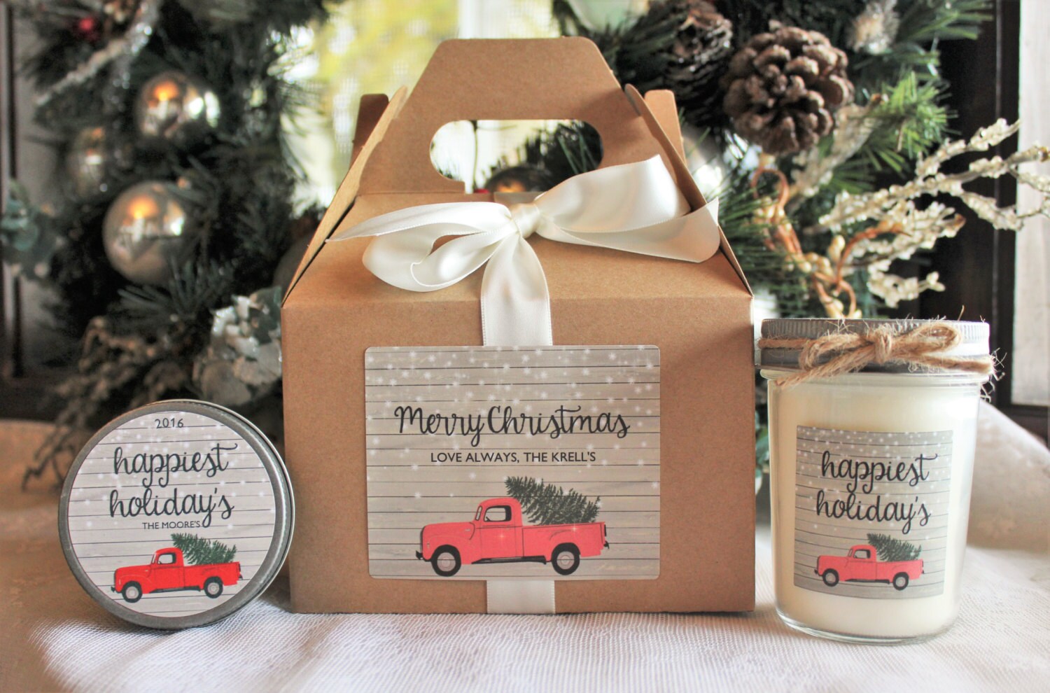 Christmas Gift Box / Red Truck / Holiday Candle Gift Box / Rustic Christmas Gift / Personalized Christmas Gift / Gift For Her / Gift For Him