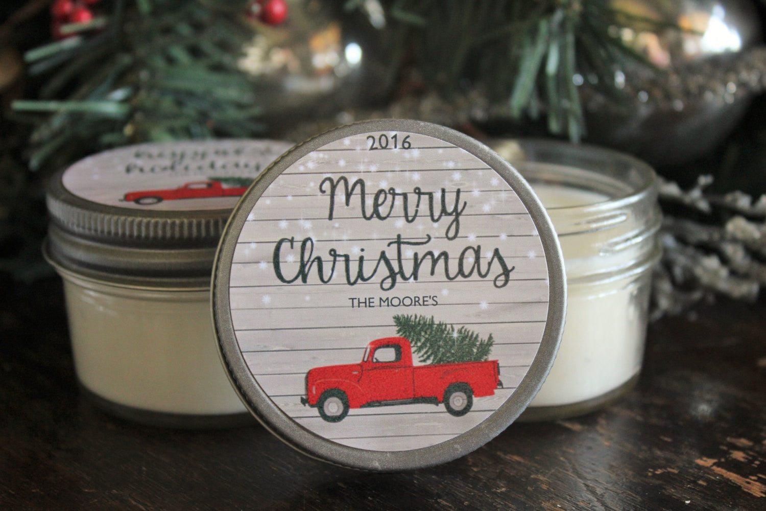 Personalized 4 oz. Red Truck Christmas Candle / Christmas Candle Favor / Rustic Christmas Gift / Christmas Party Favor / Holiday Favor