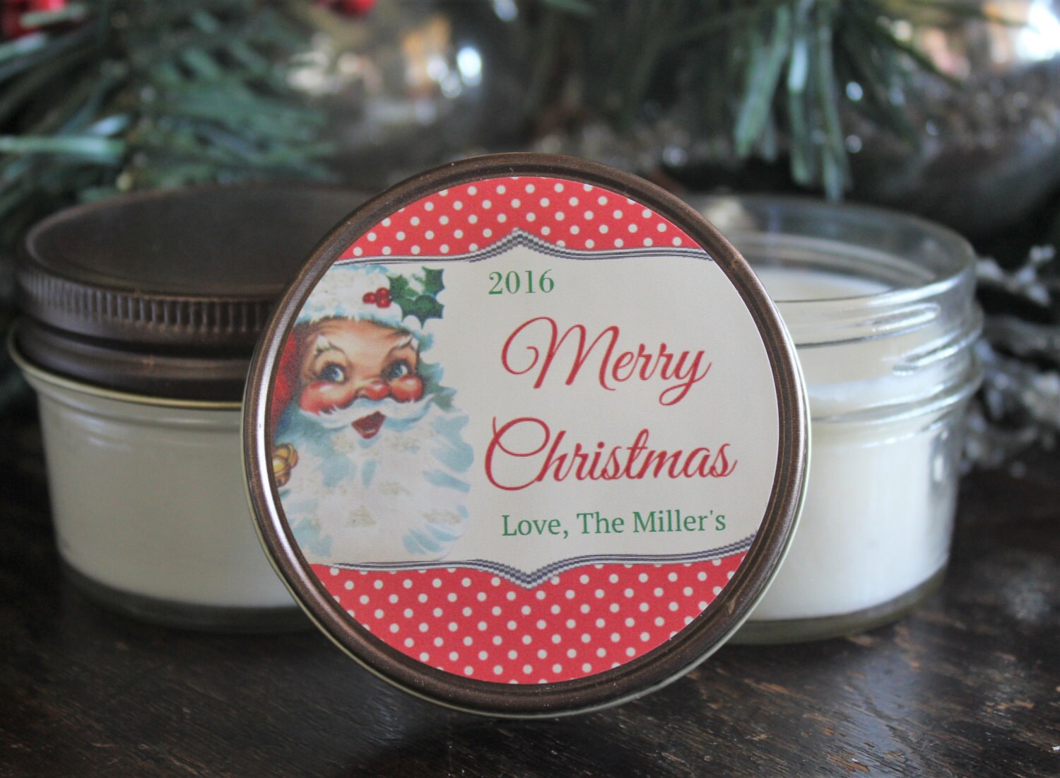 Vintage Santa Favor / Personalized 4 oz. Candle Favors / Christmas Candle Favor//Vintage Christmas / Christmas Candle / Christmas Card