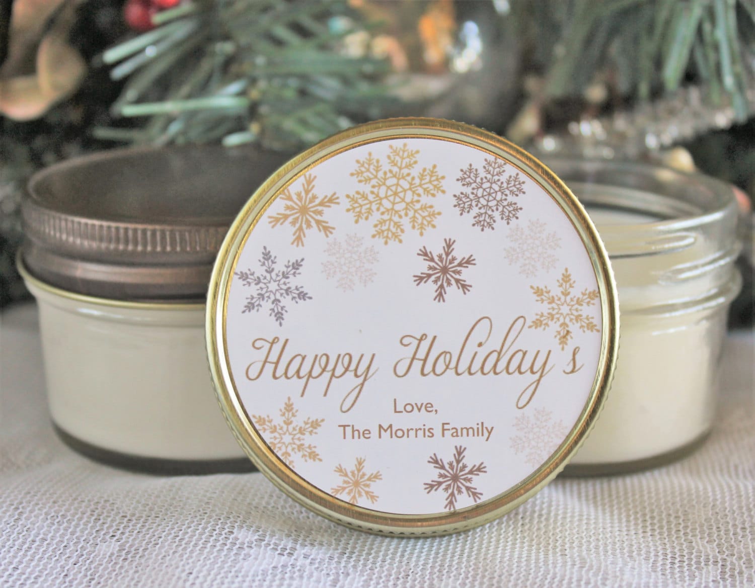 Personalized 4 oz. Holiday Favor Candle//Gold Christmas Candle Gift//Personalized Holiday Gift//Christmas Party Favor//Snowflake Favor