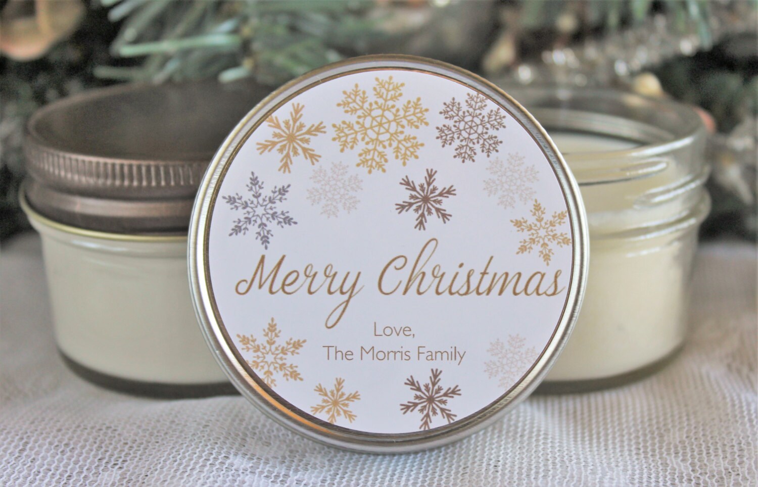 Personalized 4 oz. Holiday Favor Candle//Gold Christmas Candle Gift//Personalized Holiday Gift//Christmas Party Favor//Snowflake Favor